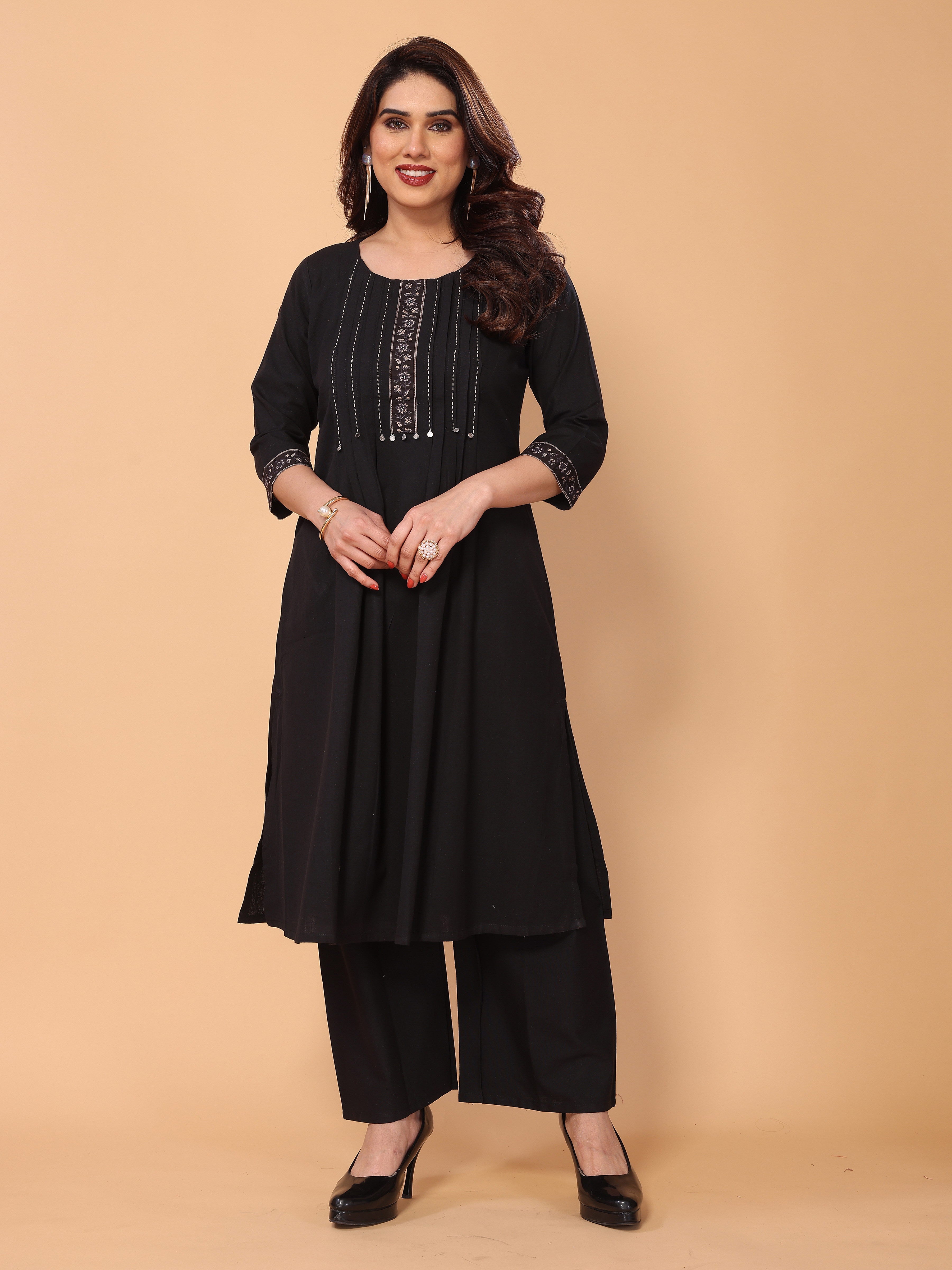 Black Yoke Neck Embroidery Kurta Palazzo Set in Cotton – Elegant & Comfortable