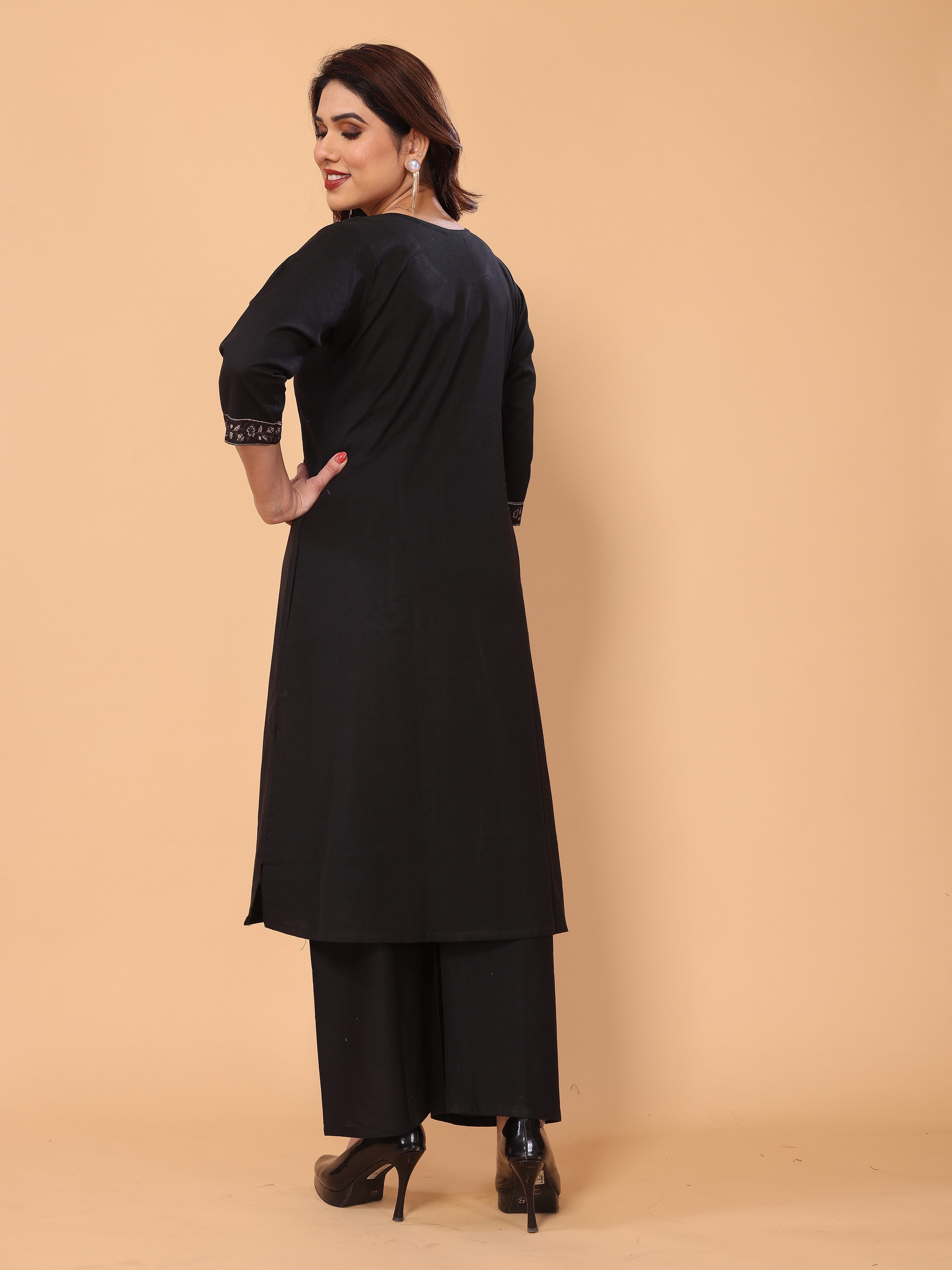 Black Yoke Neck Embroidery Kurta Palazzo Set in Cotton – Elegant & Comfortable