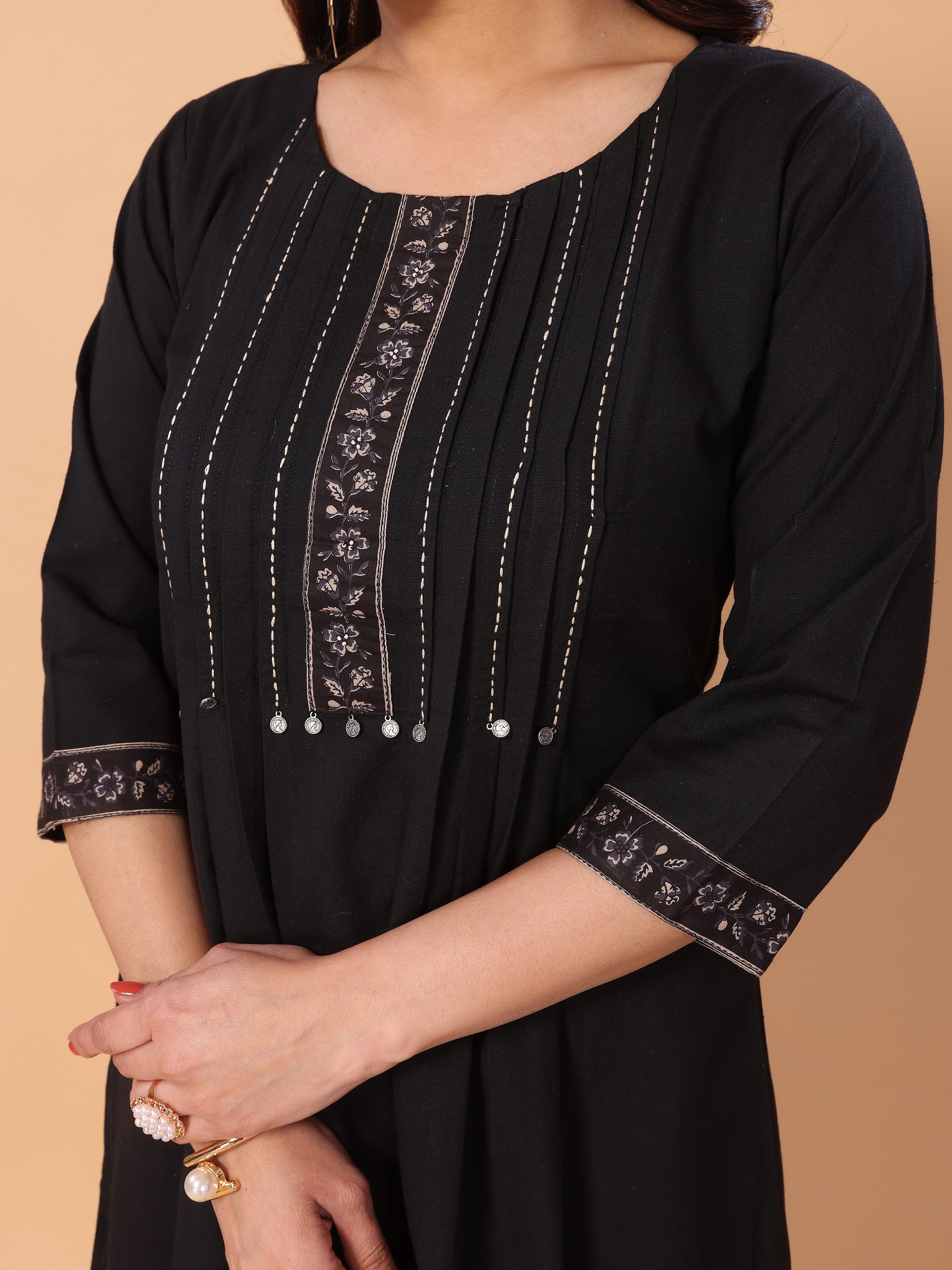 Black Yoke Neck Embroidery Kurta Palazzo Set in Cotton – Elegant & Comfortable