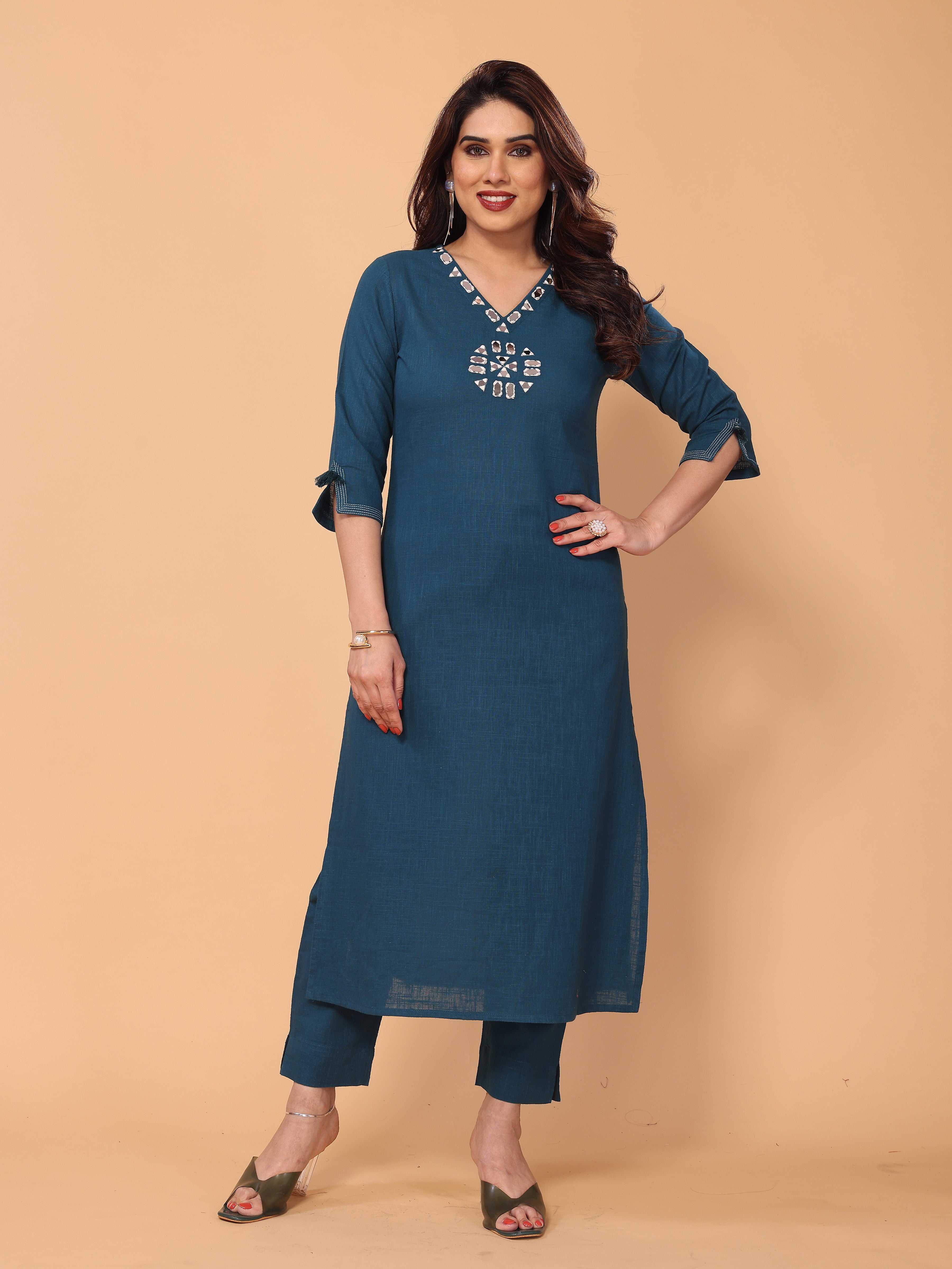 Stylish Cyan Blue Cotton Kurta Pant Set with Mirror Embellishments