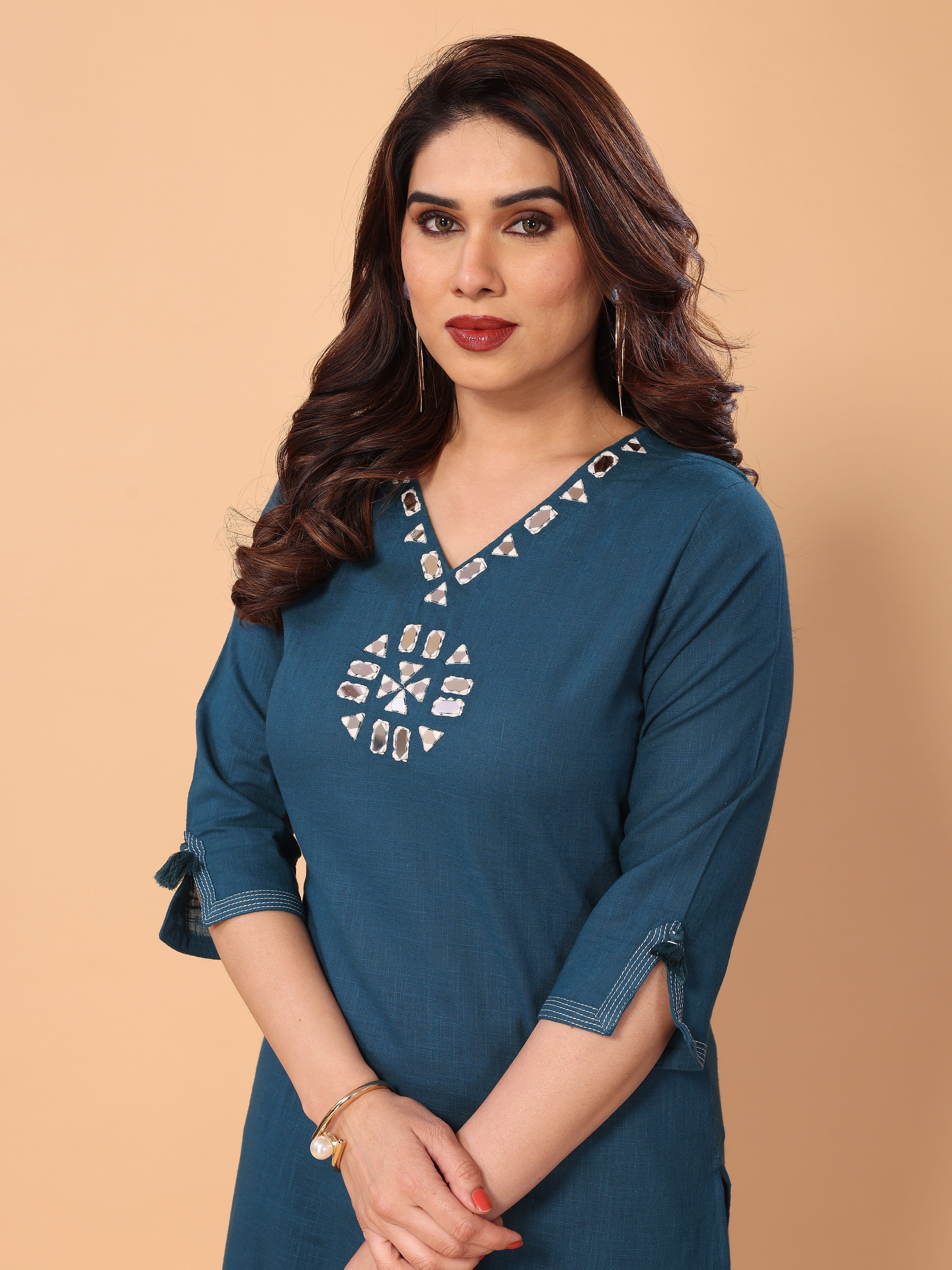 Stylish Cyan Blue Cotton Kurta Pant Set with Mirror Embellishments