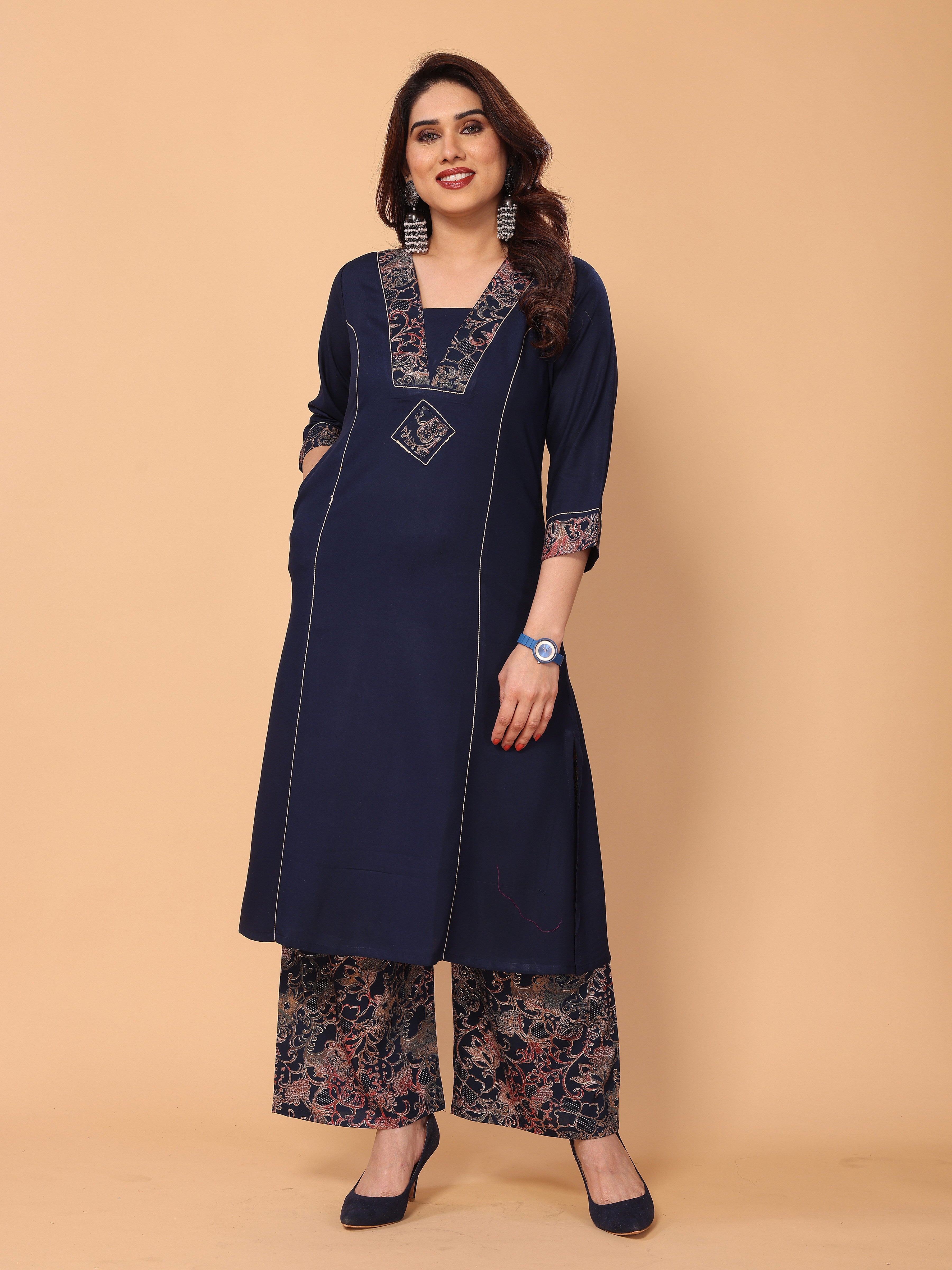 Stylish Navy Blue V Neck Foil Printed Kurta Palazzo Set