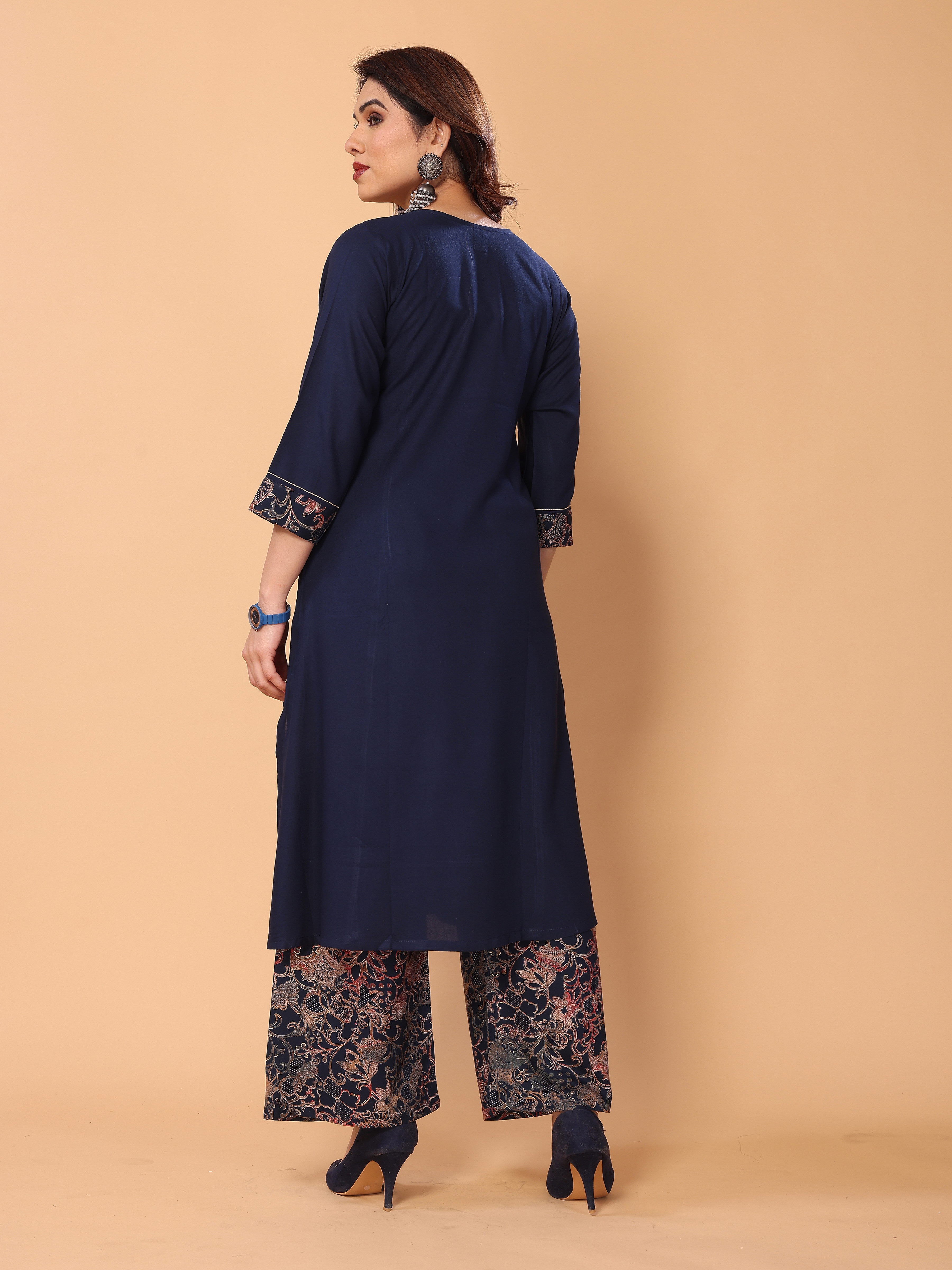 Stylish Navy Blue V Neck Foil Printed Kurta Palazzo Set