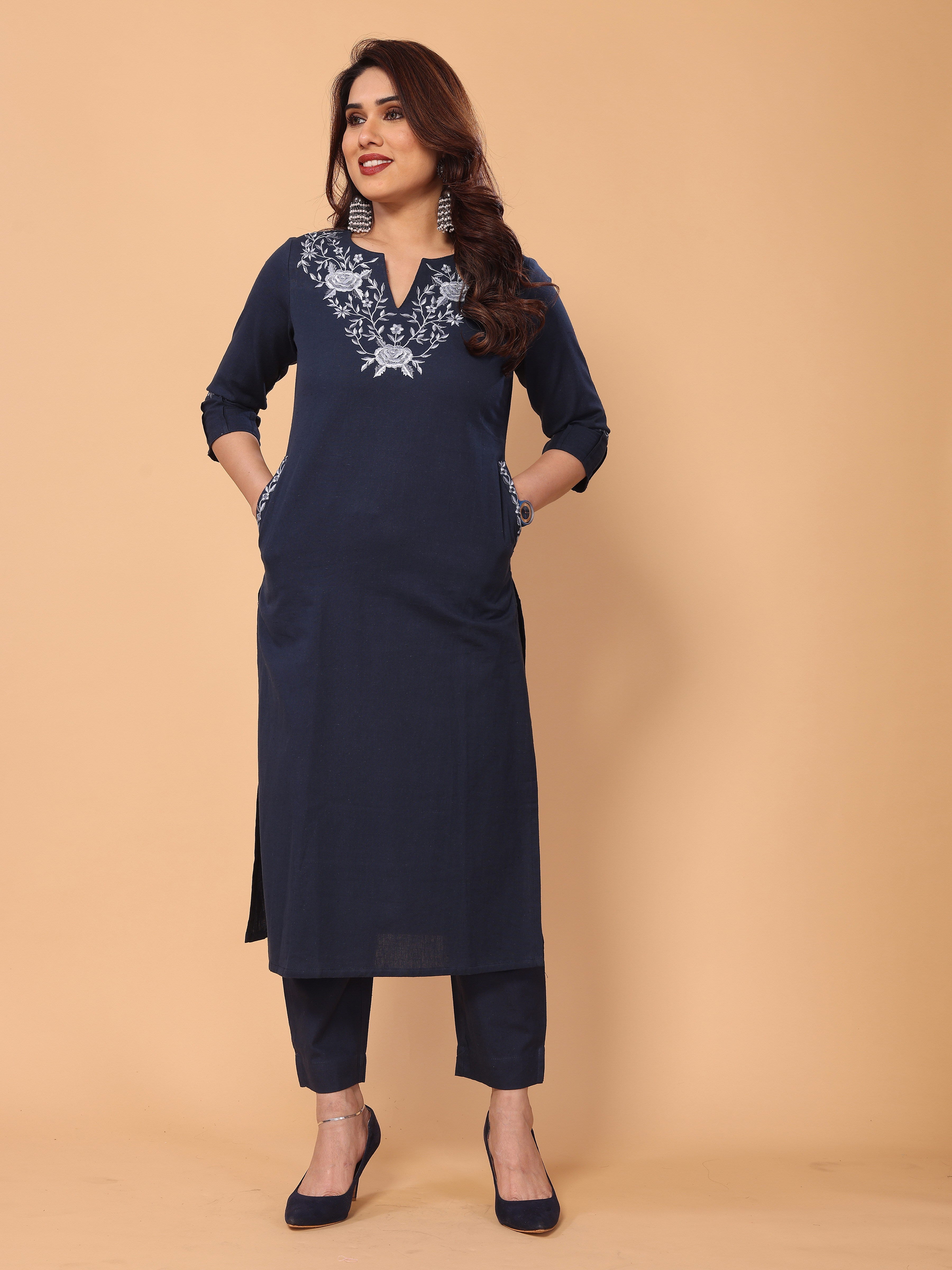 Graceful Navy Blue Floral Embroidery Cotton Kurta Pant Set