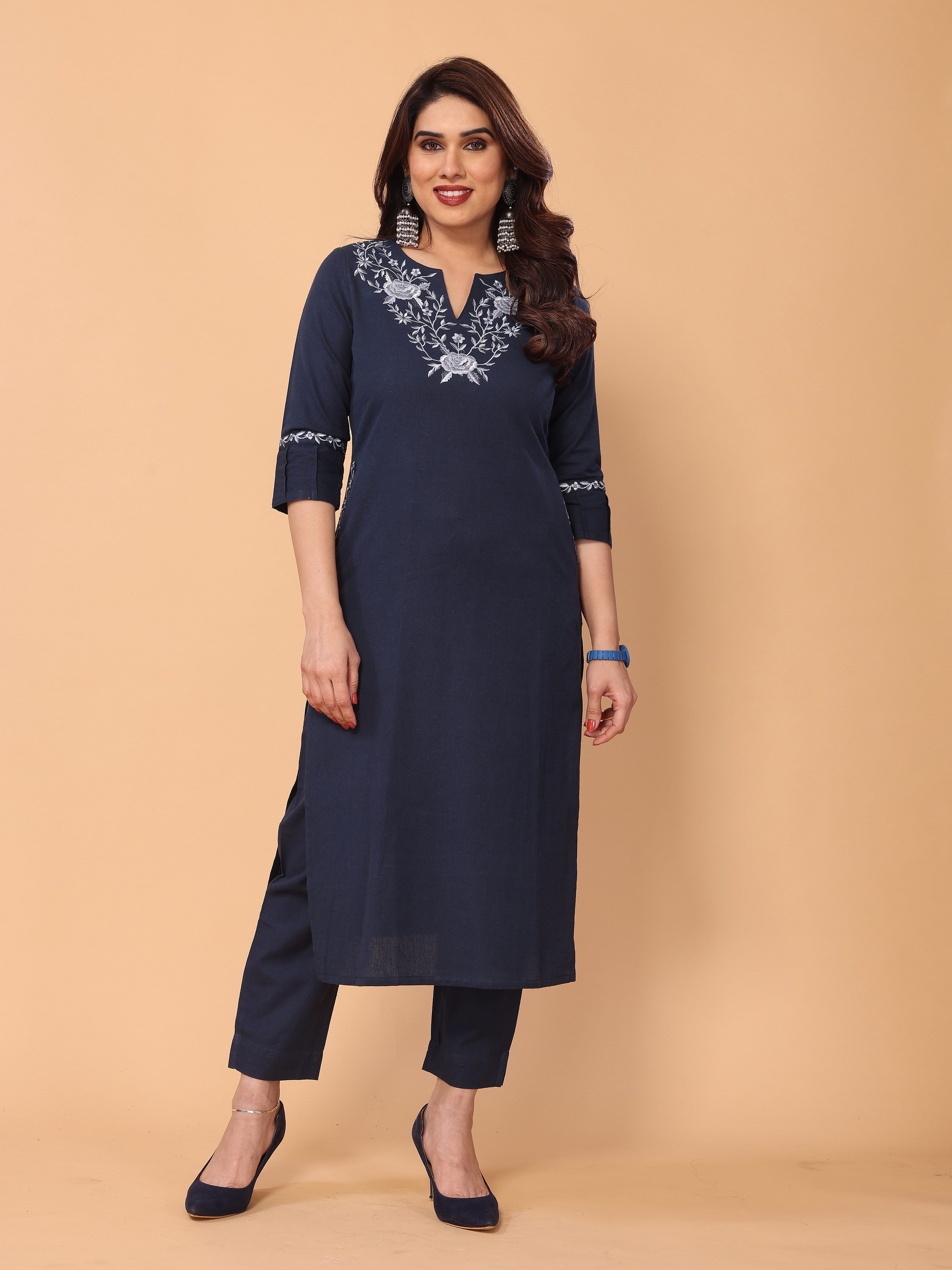 Graceful Navy Blue Floral Embroidery Cotton Kurta Pant Set