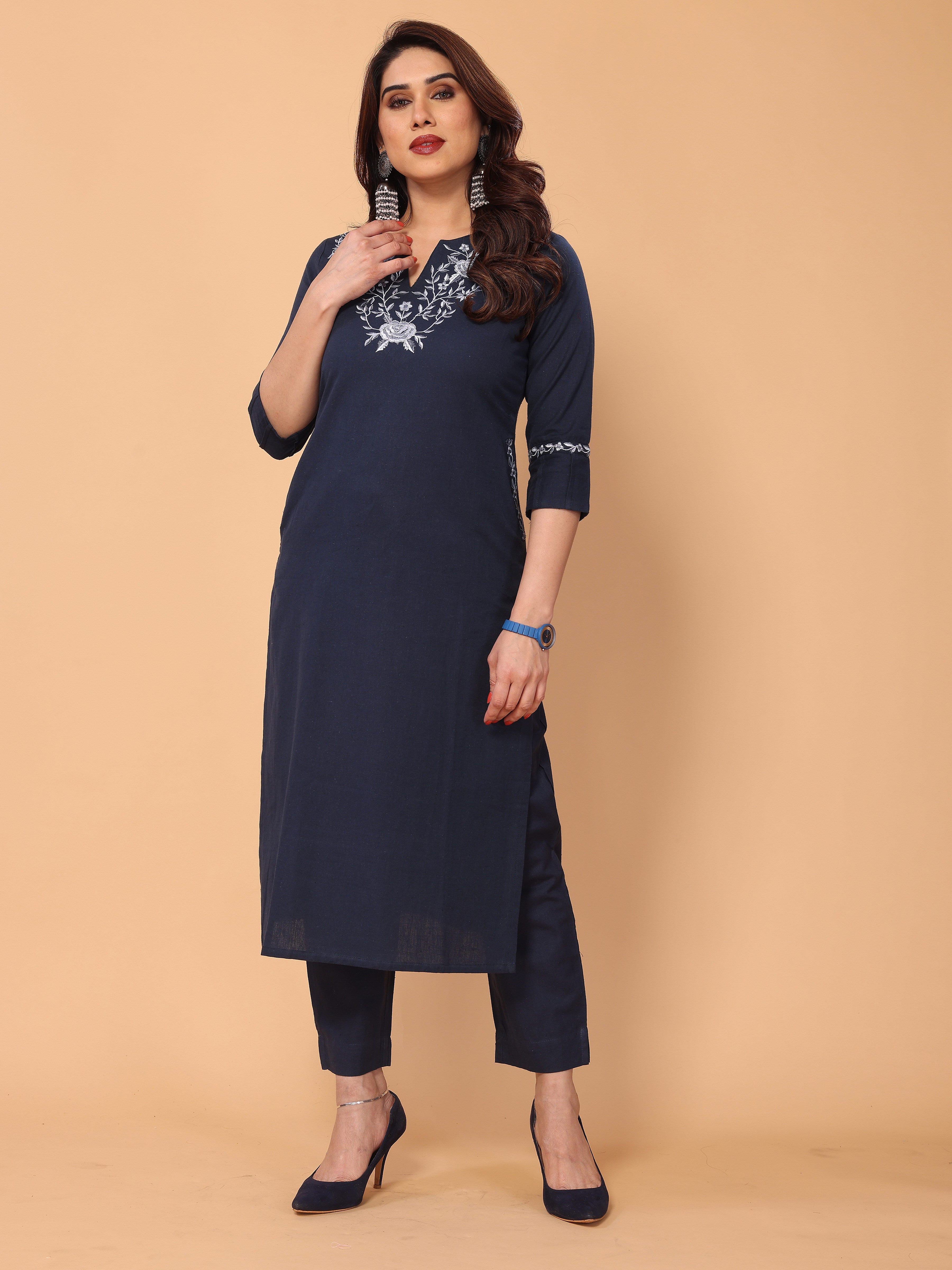 Graceful Navy Blue Floral Embroidery Cotton Kurta Pant Set