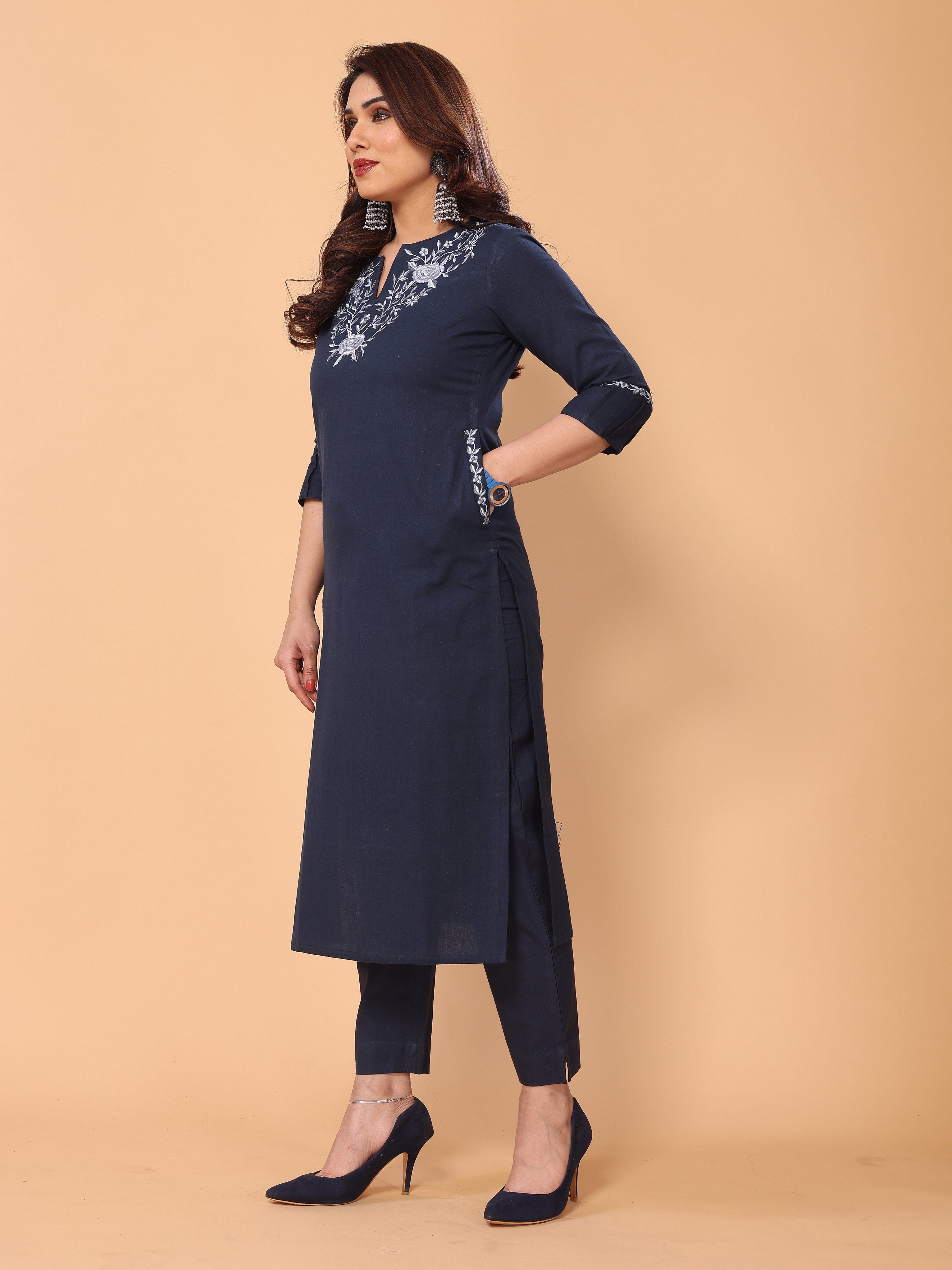 Graceful Navy Blue Floral Embroidery Cotton Kurta Pant Set