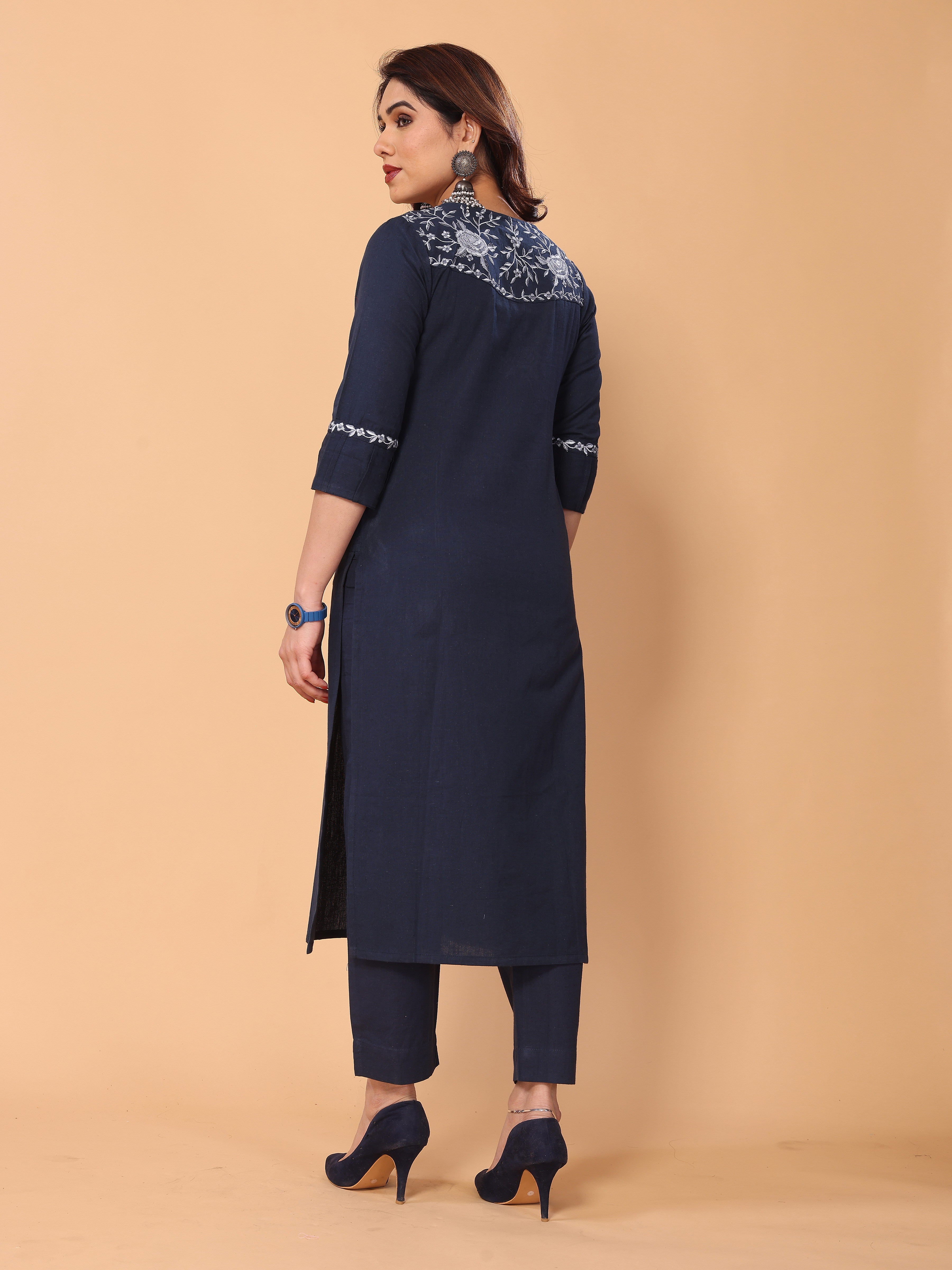 Graceful Navy Blue Floral Embroidery Cotton Kurta Pant Set
