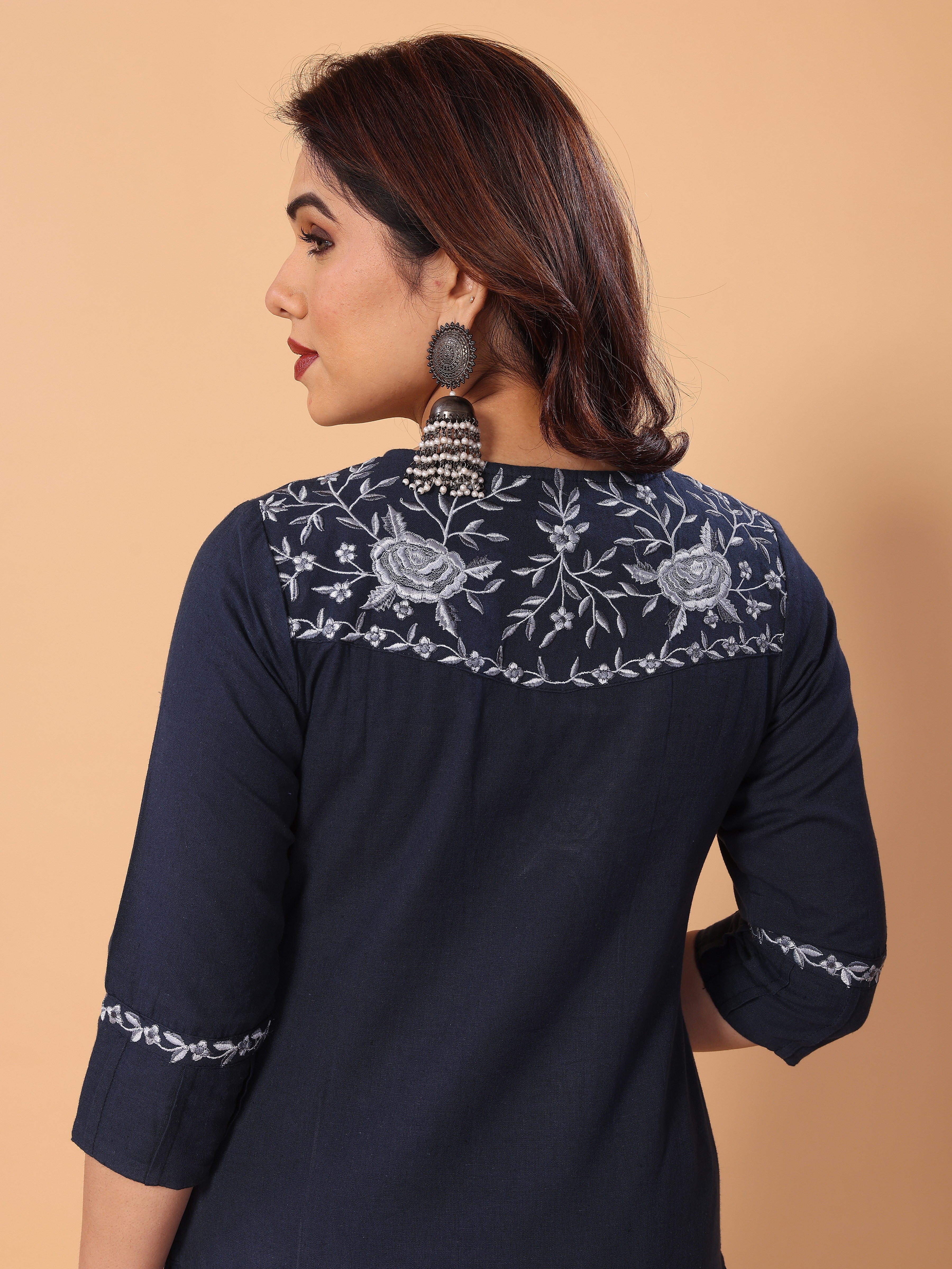 Graceful Navy Blue Floral Embroidery Cotton Kurta Pant Set