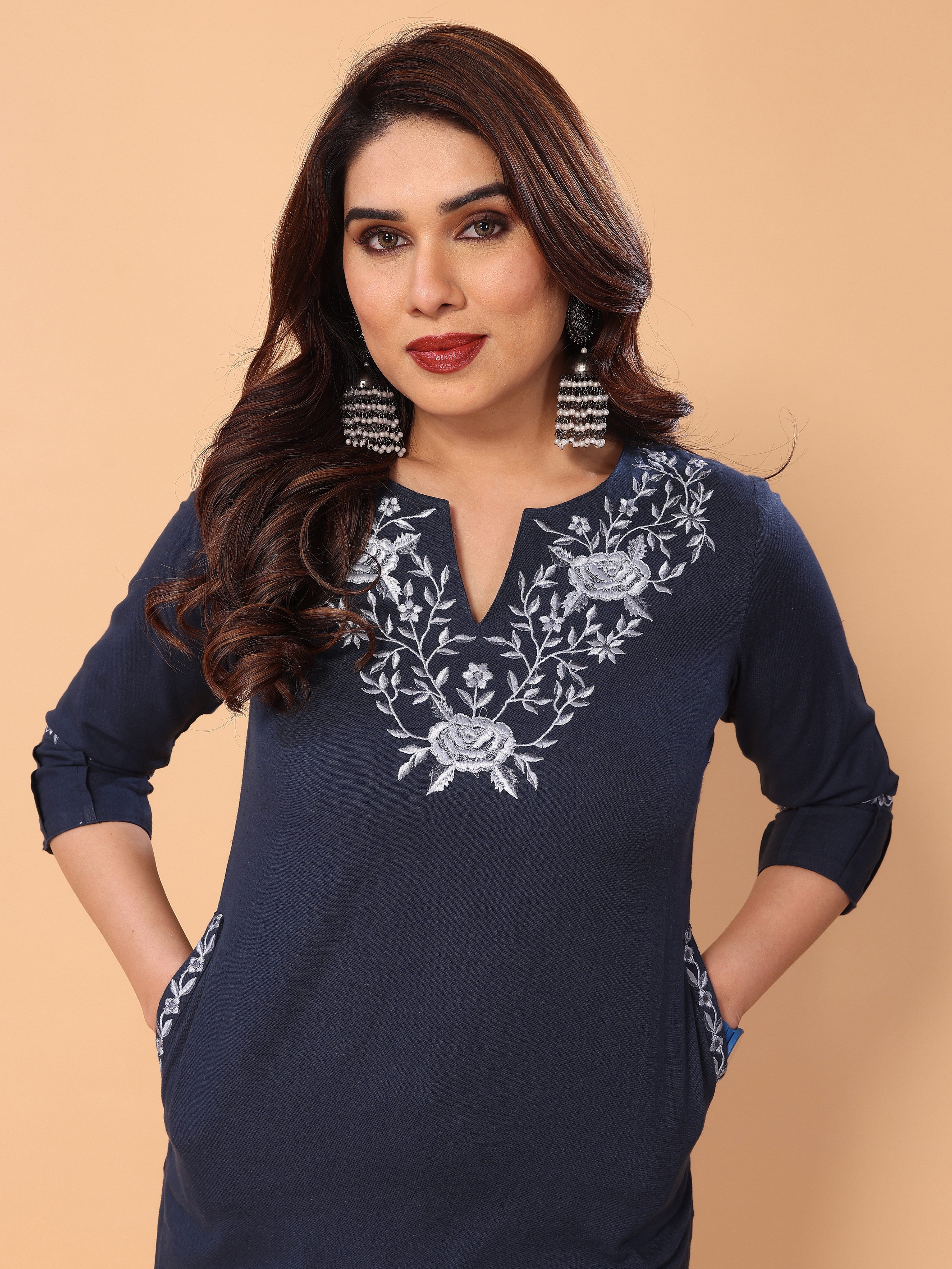 Graceful Navy Blue Floral Embroidery Cotton Kurta Pant Set