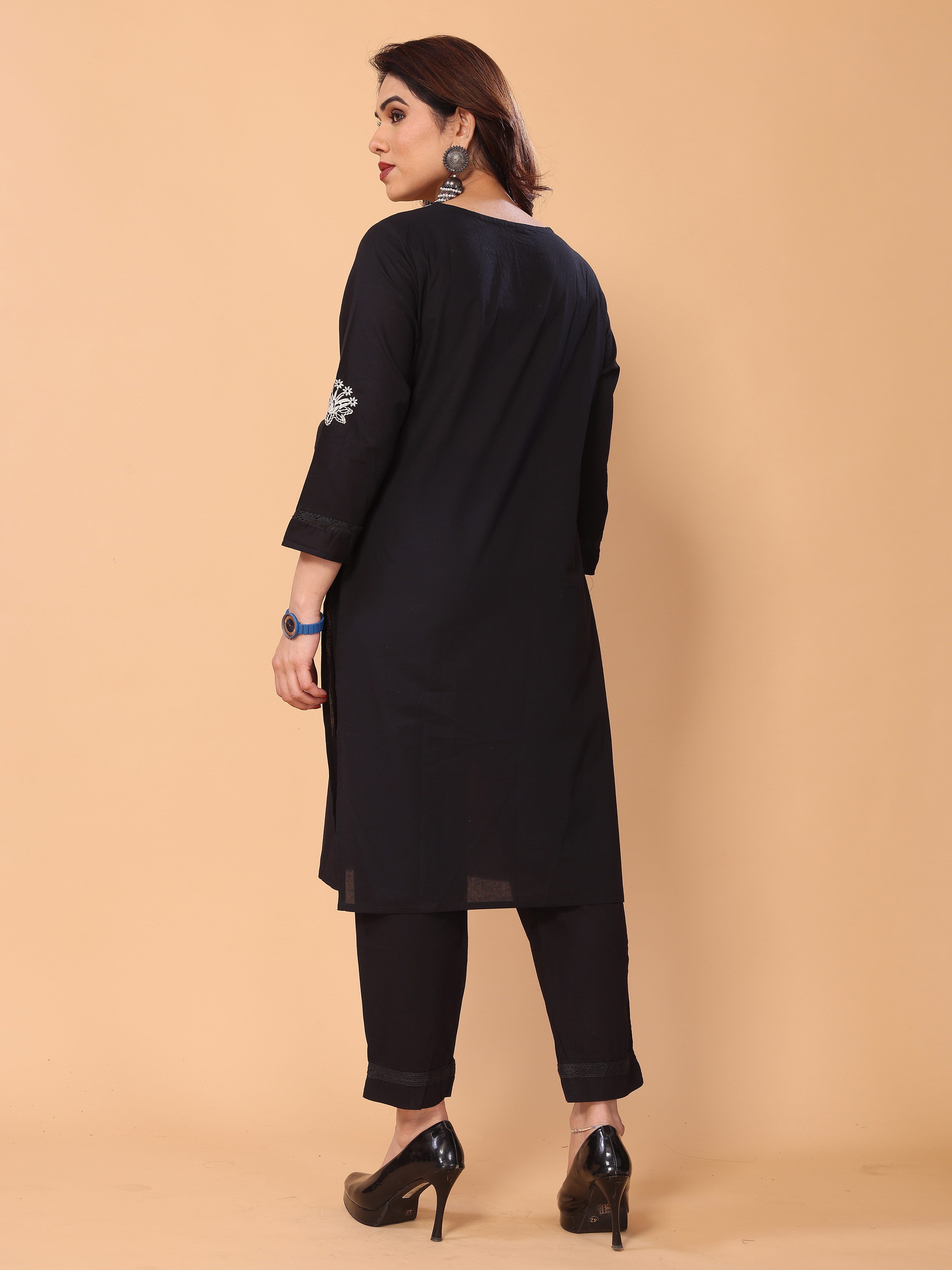 Charming Black Floral Embroidered Cotton Kurta Pant Set