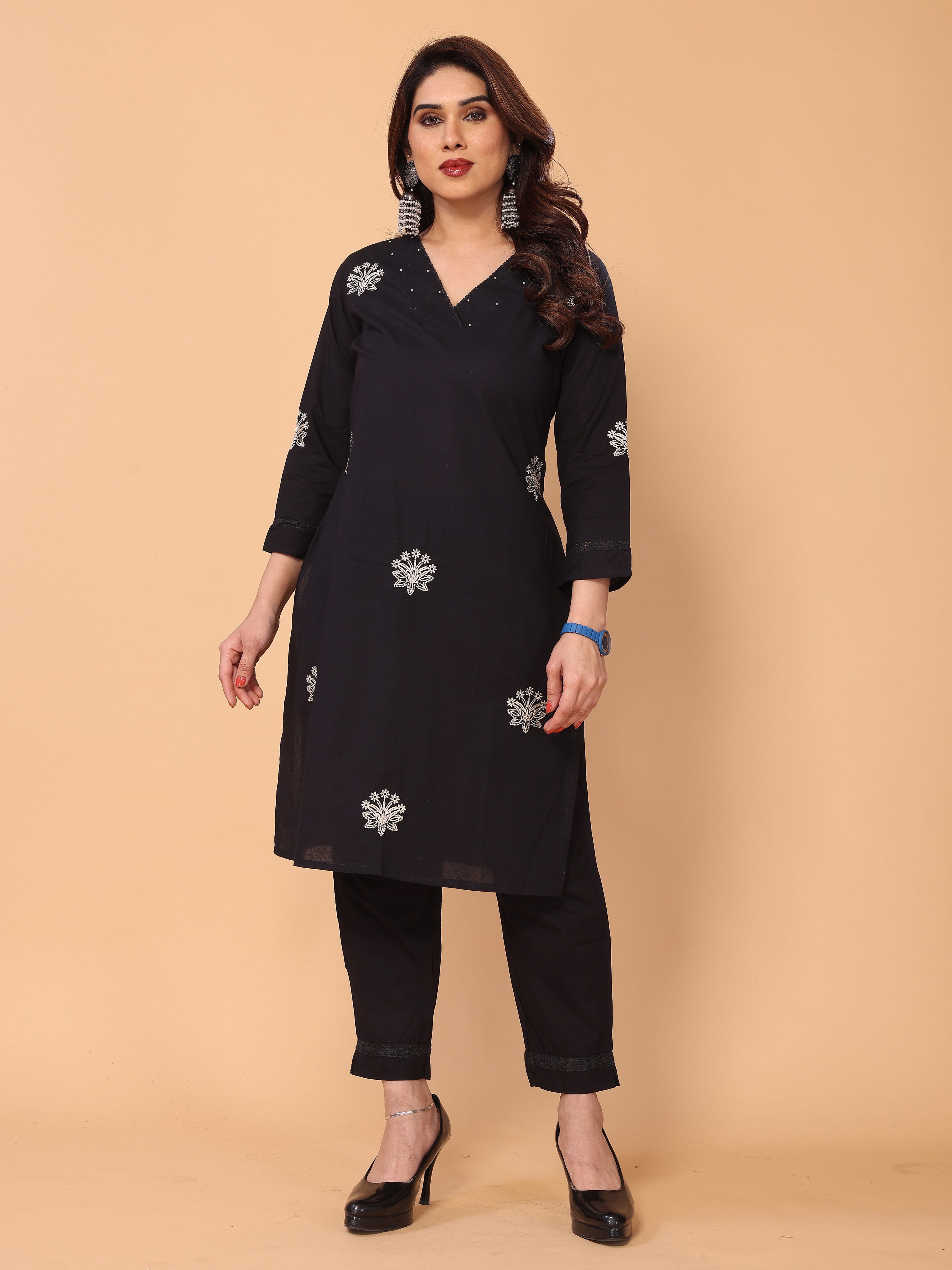 Charming Black Floral Embroidered Cotton Kurta Pant Set