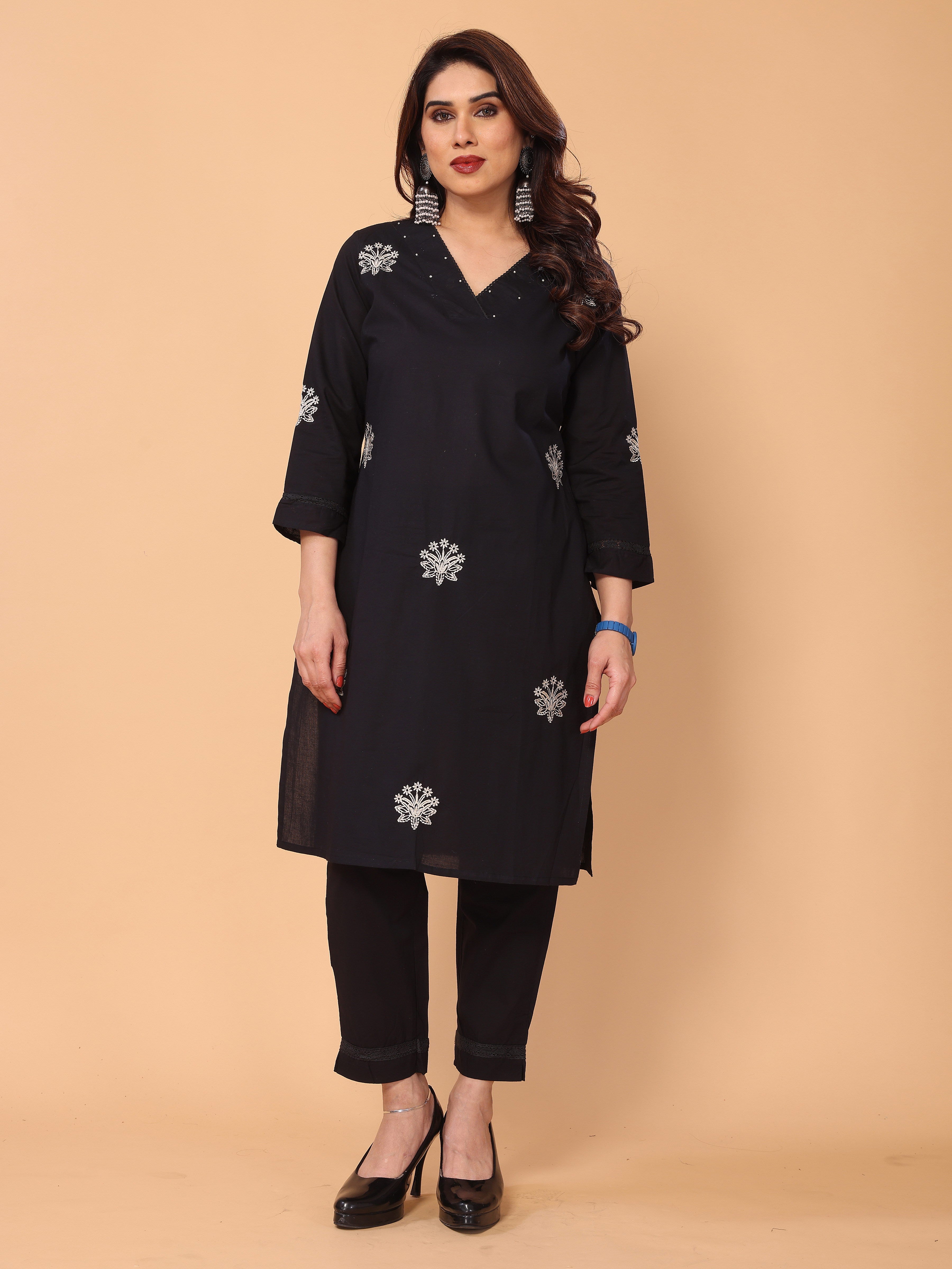 Charming Black Floral Embroidered Cotton Kurta Pant Set