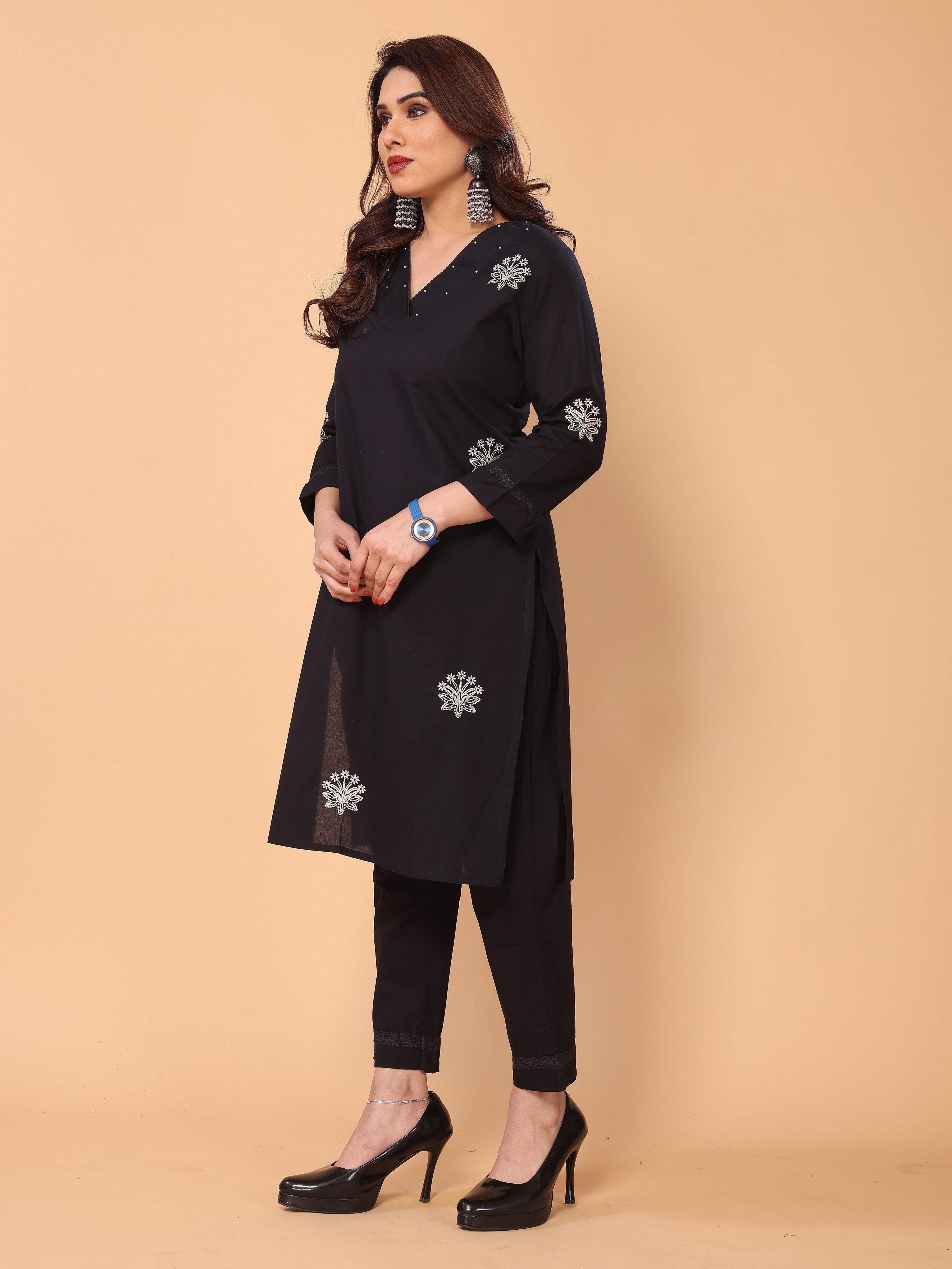 Charming Black Floral Embroidered Cotton Kurta Pant Set