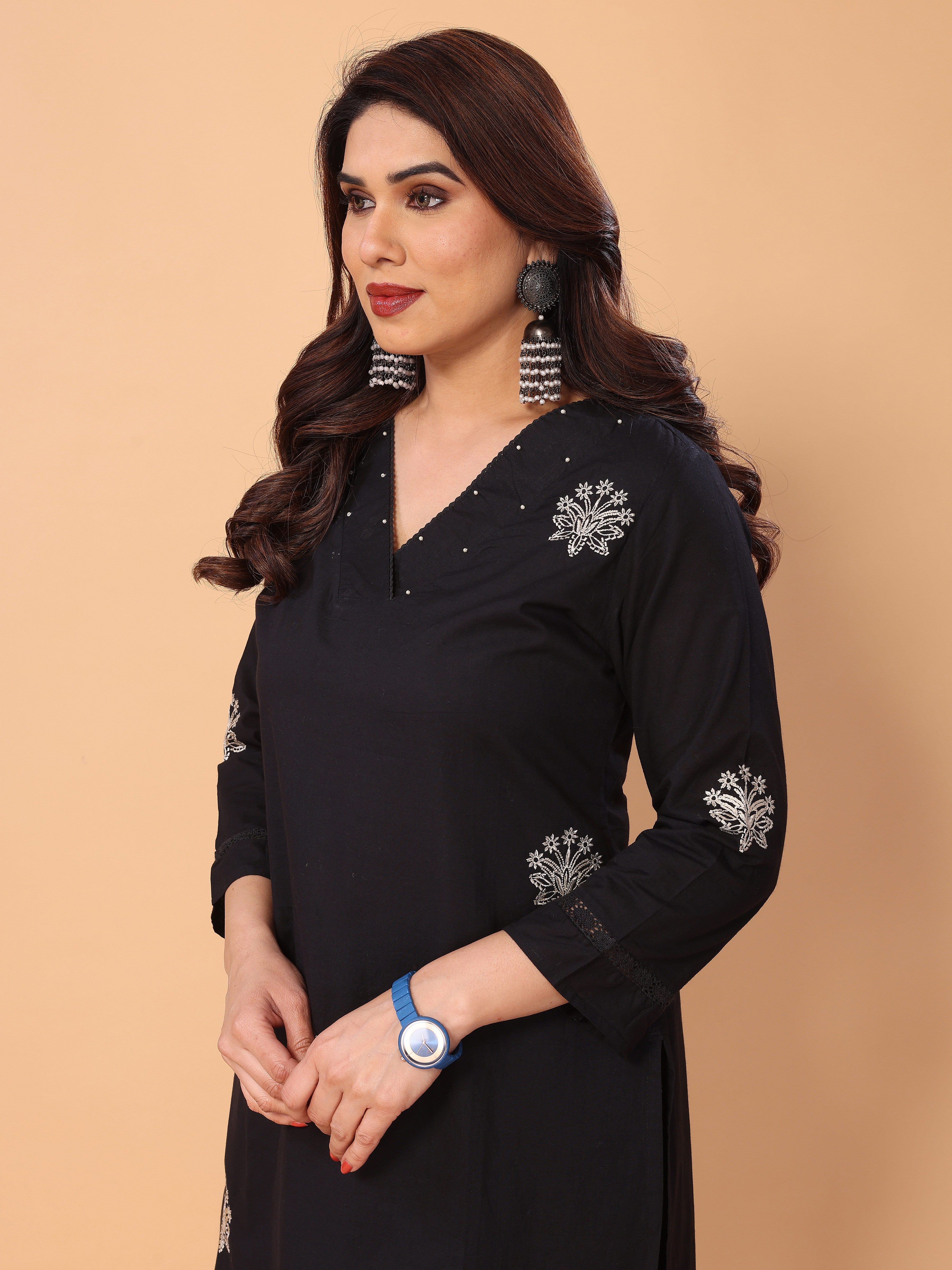 Charming Black Floral Embroidered Cotton Kurta Pant Set