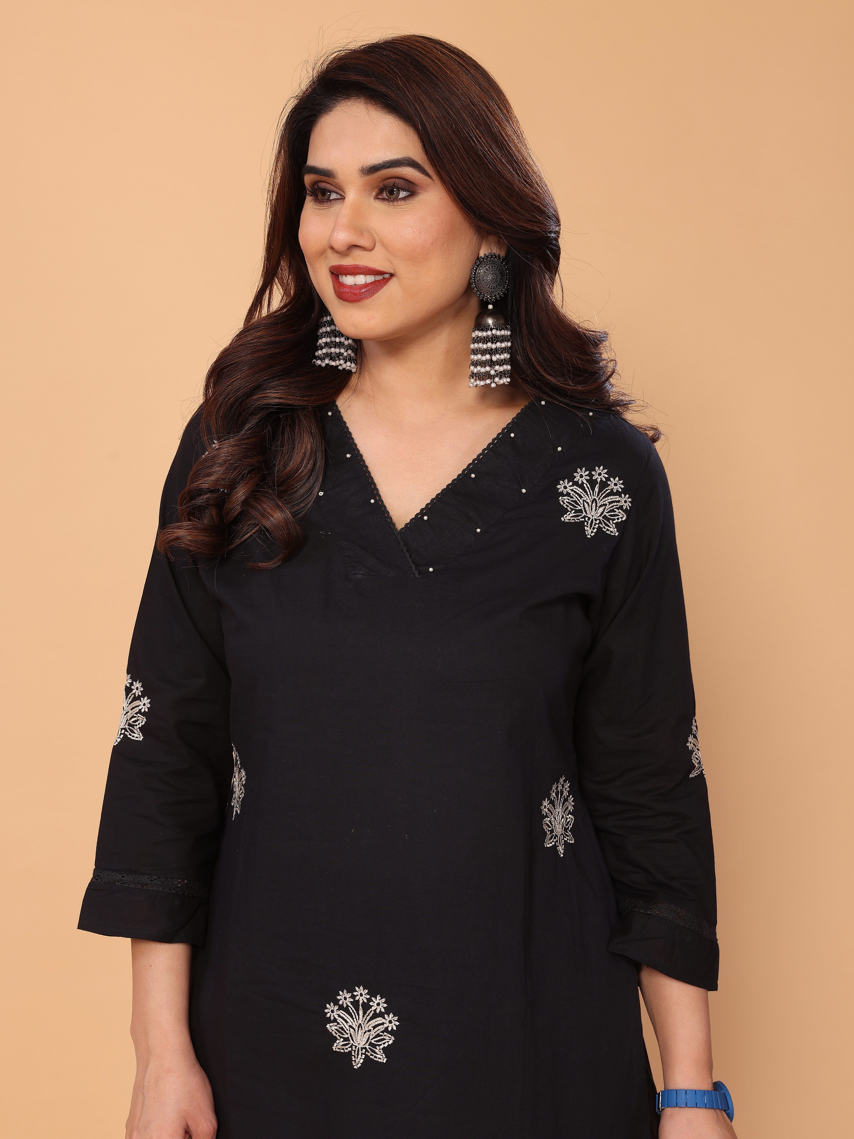 Charming Black Floral Embroidered Cotton Kurta Pant Set