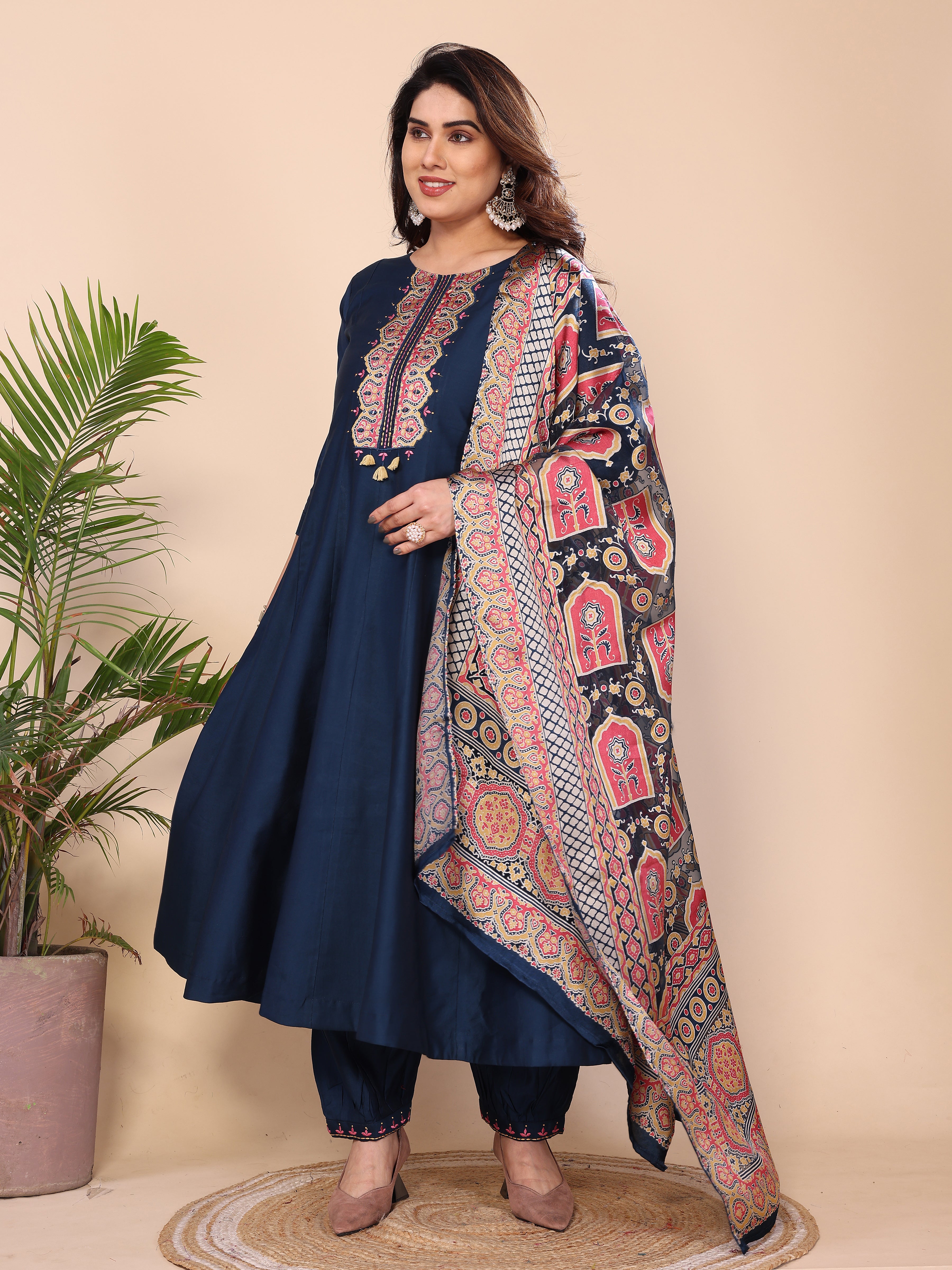 Floral Embroidered Notch Neck Sequinned Kurta With Dhoti Pants & Dupatta