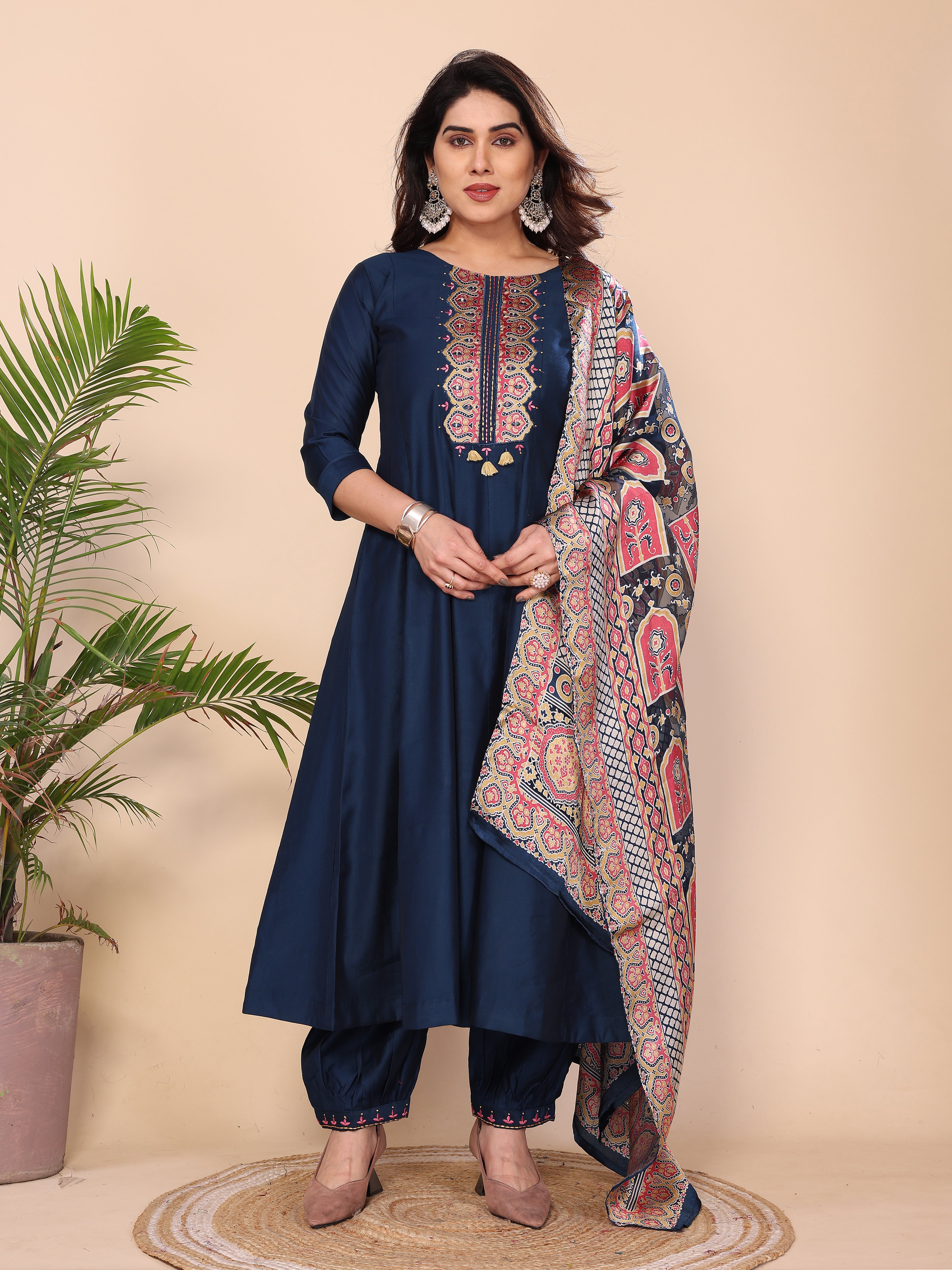 Floral Embroidered Notch Neck Sequinned Kurta With Dhoti Pants & Dupatta
