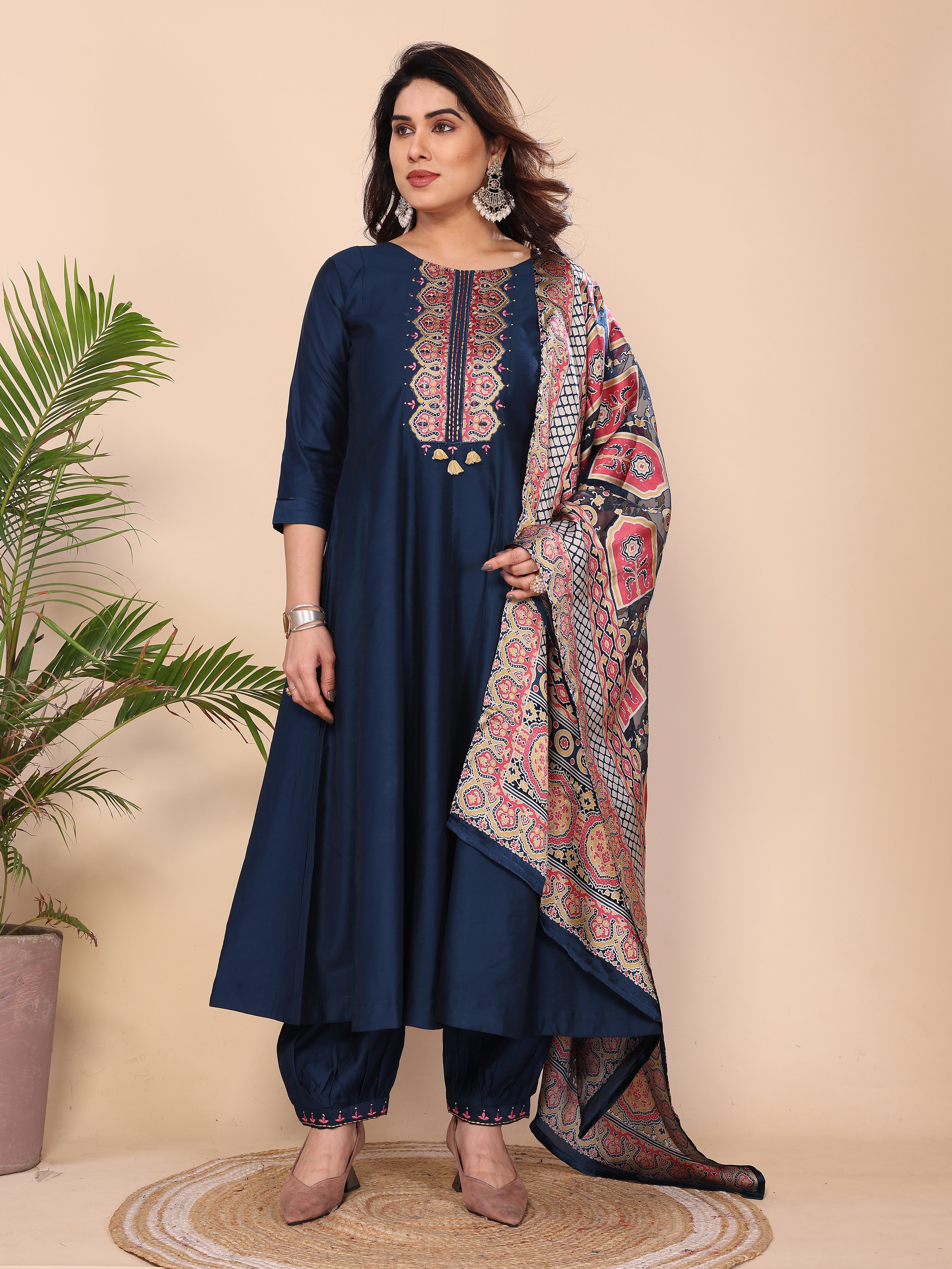 Floral Embroidered Notch Neck Sequinned Kurta With Dhoti Pants & Dupatta