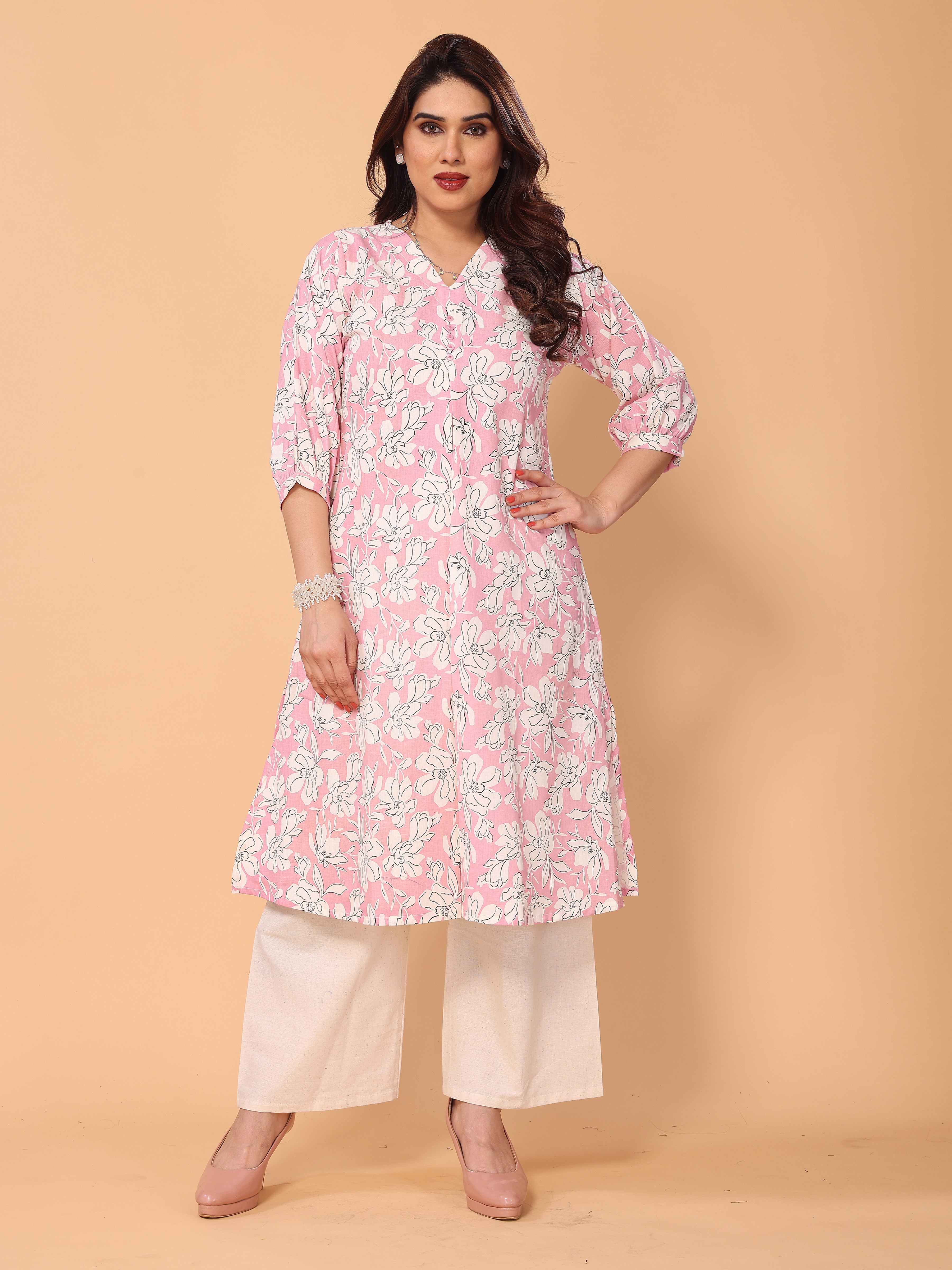 Pink Floral Print Kurta Palazzo Set in Cotton – Stylish & Comfortable