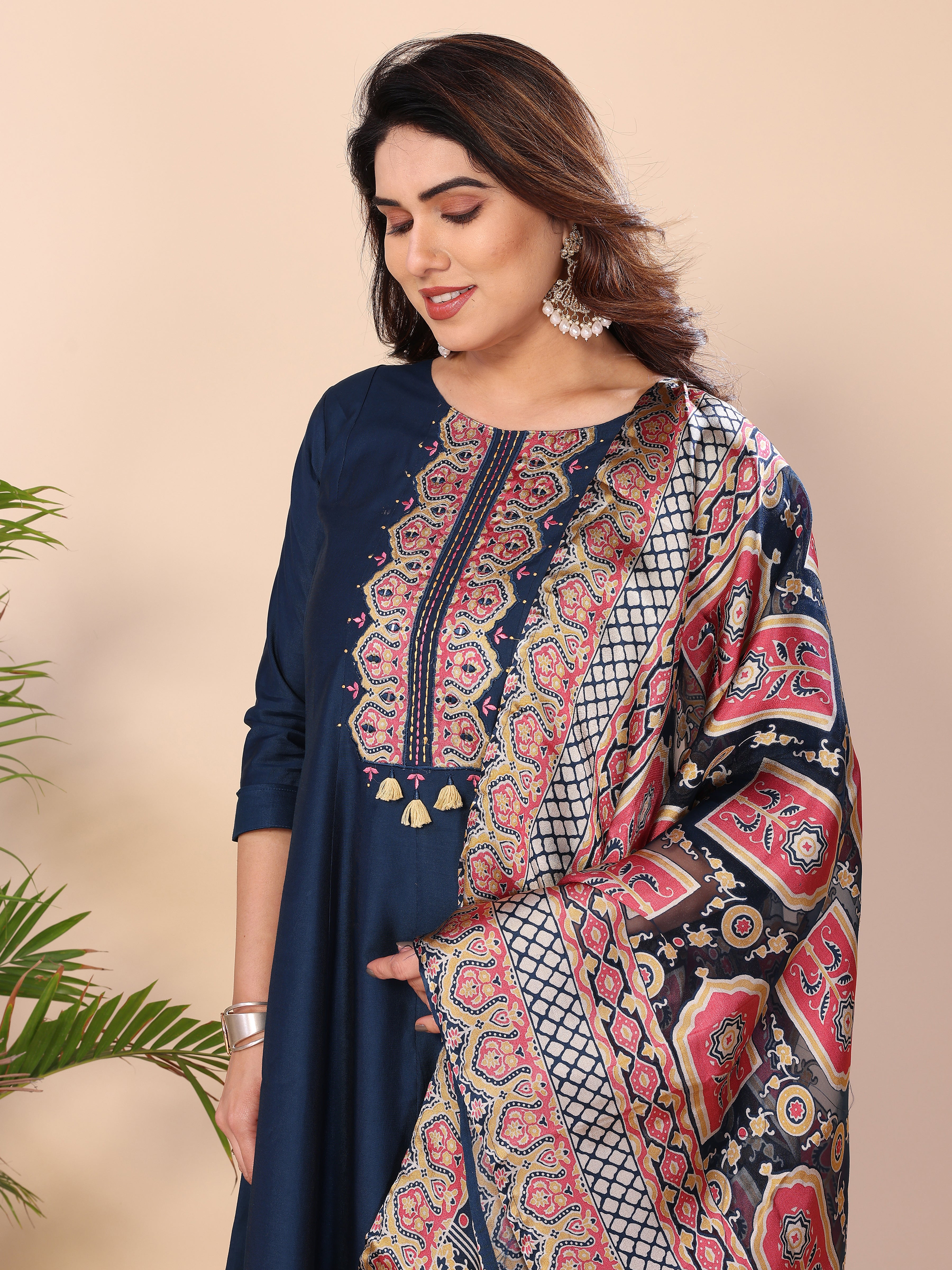Floral Embroidered Notch Neck Sequinned Kurta With Dhoti Pants & Dupatta