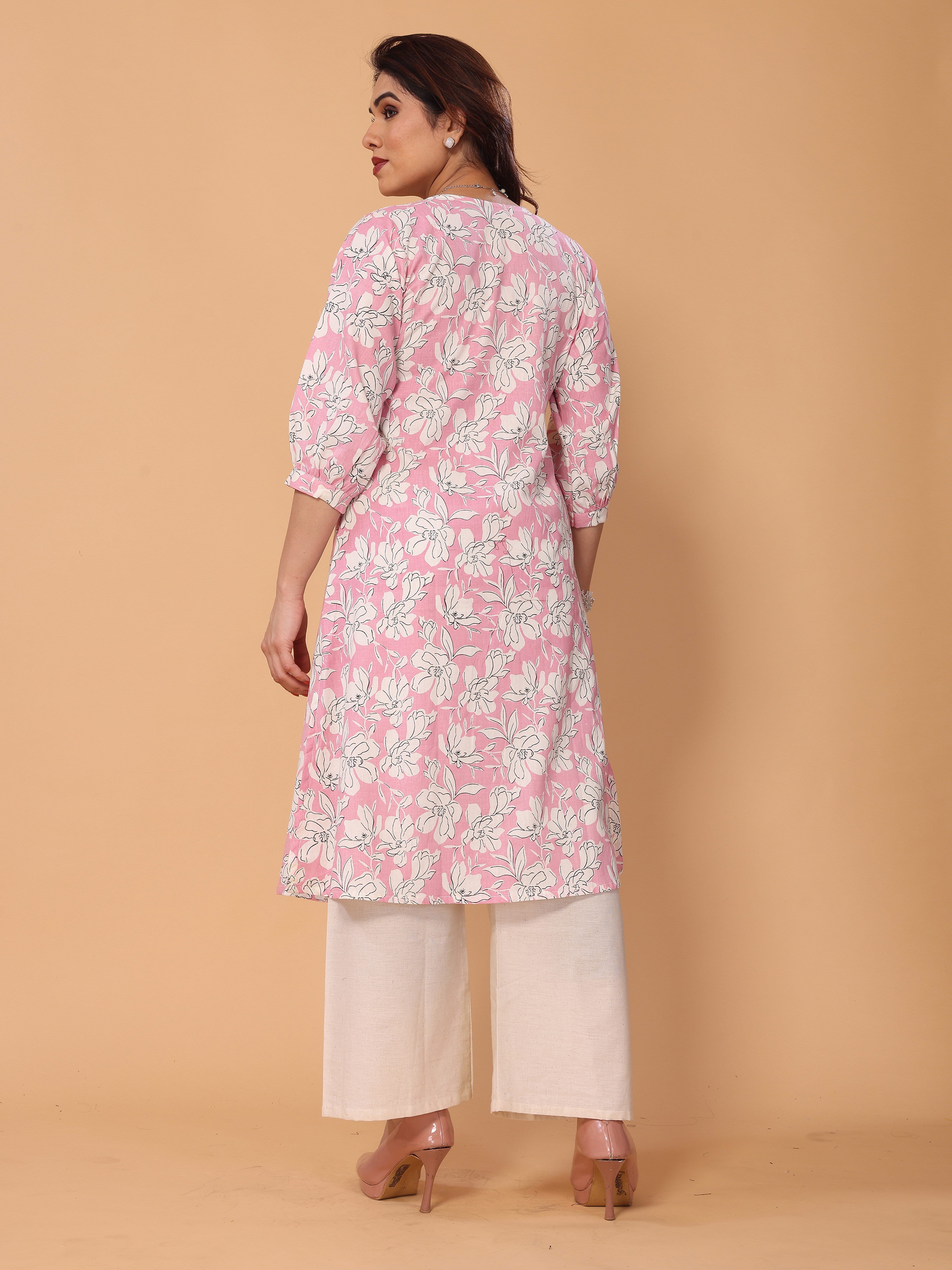 Pink Floral Print Kurta Palazzo Set in Cotton – Stylish & Comfortable