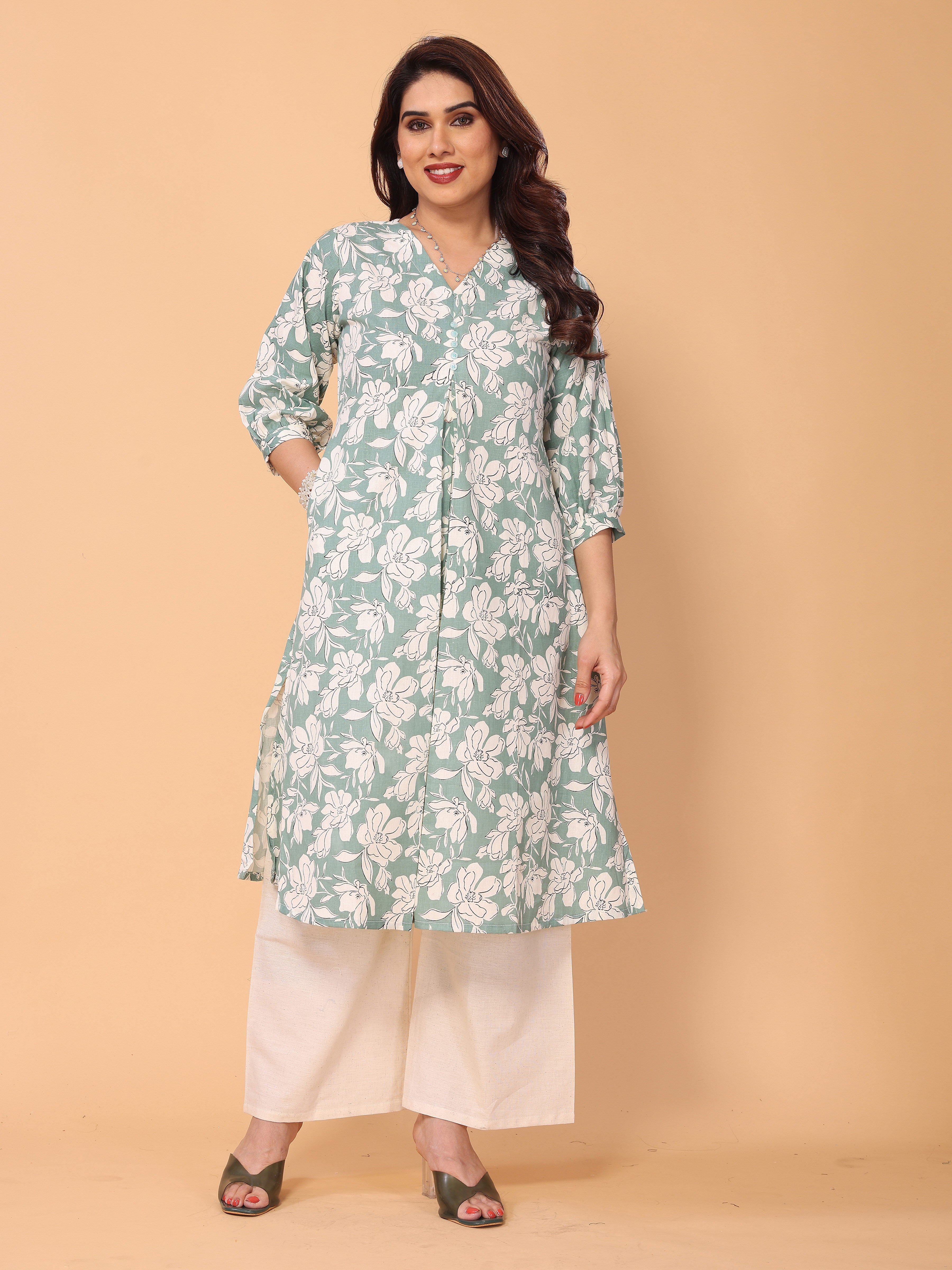 Green Floral Print Kurta Palazzo Set in Cotton – Stylish & Comfortable