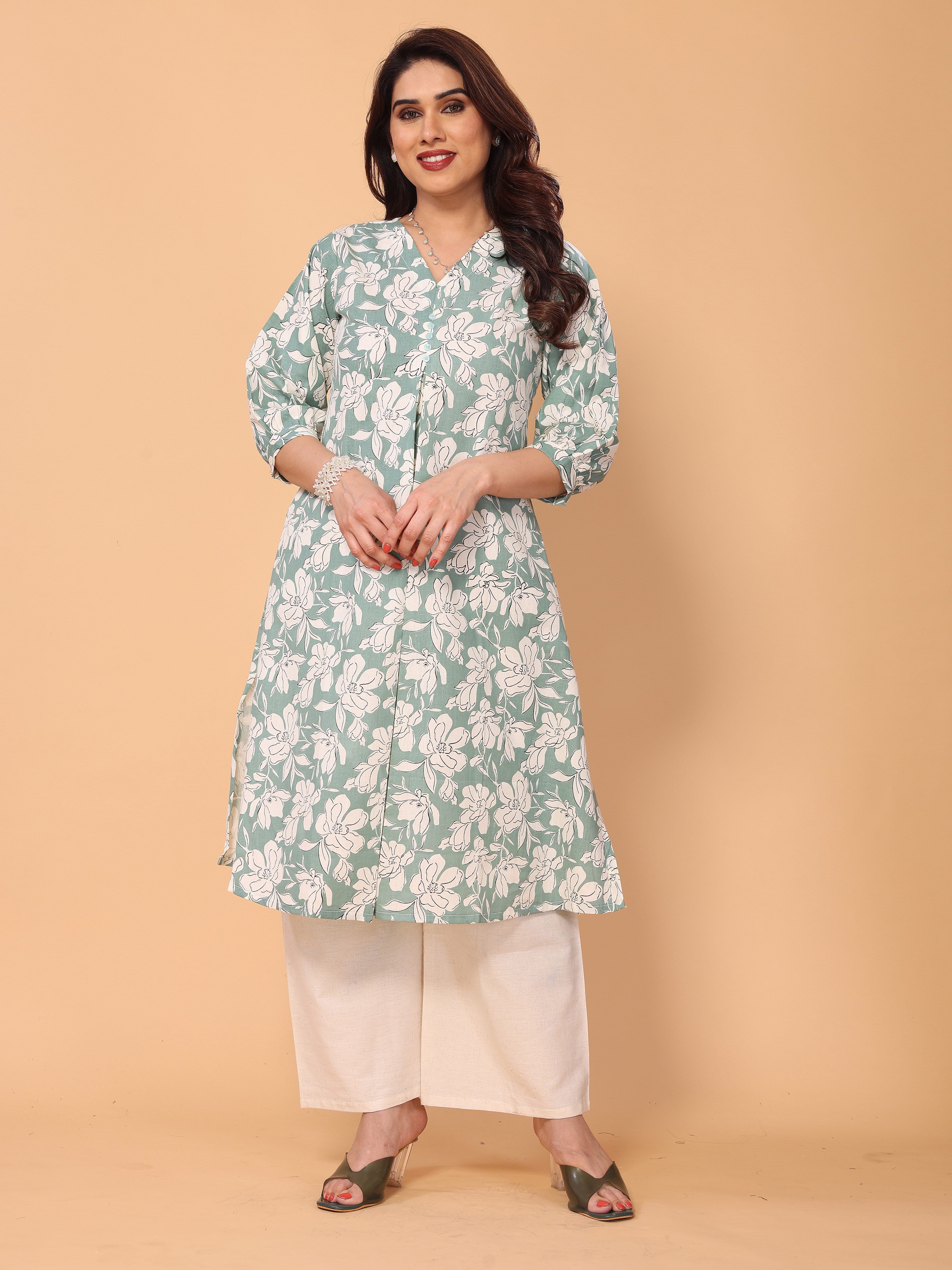 Green Floral Print Kurta Palazzo Set in Cotton – Stylish & Comfortable