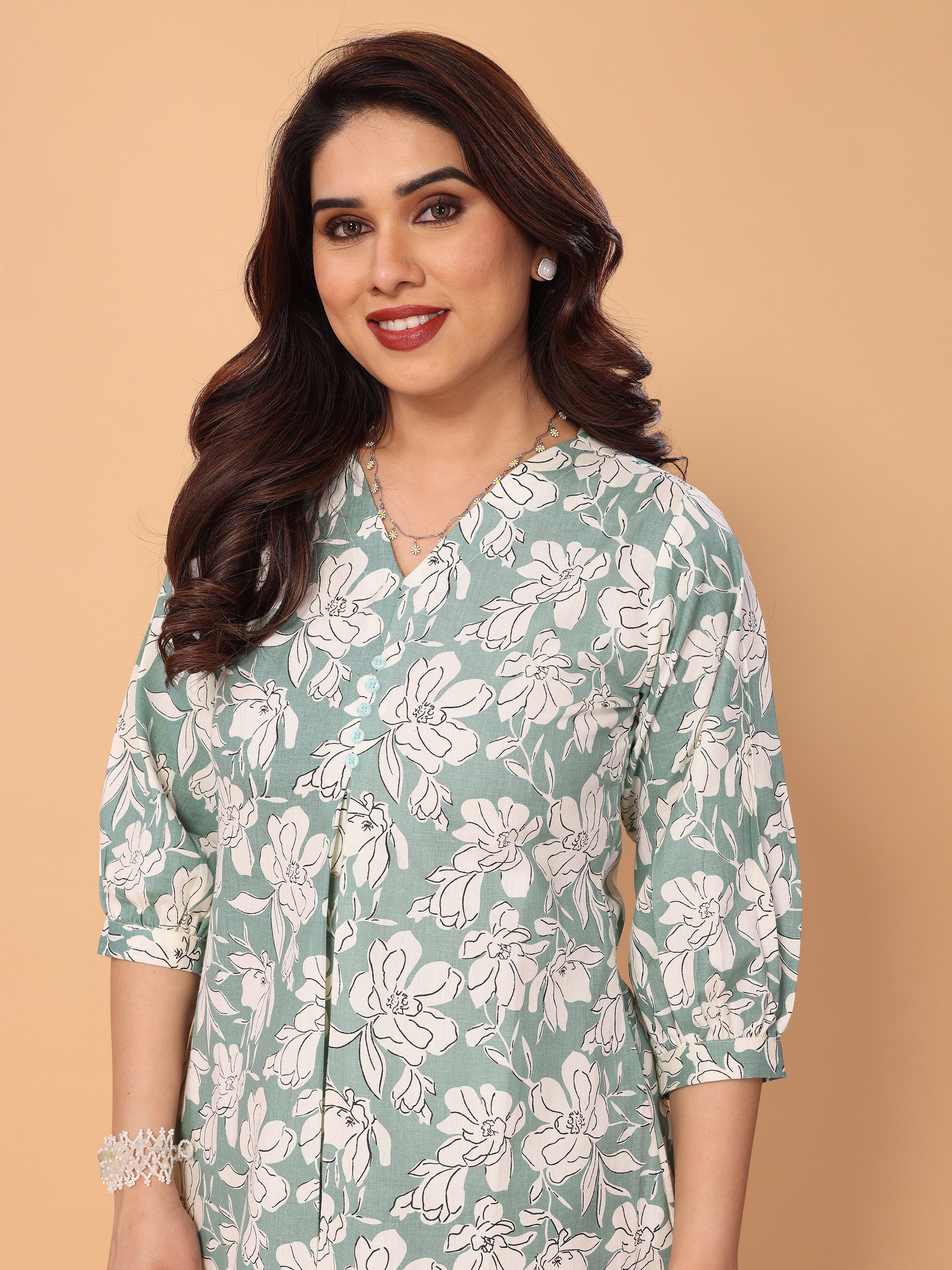 Green Floral Print Kurta Palazzo Set in Cotton – Stylish & Comfortable