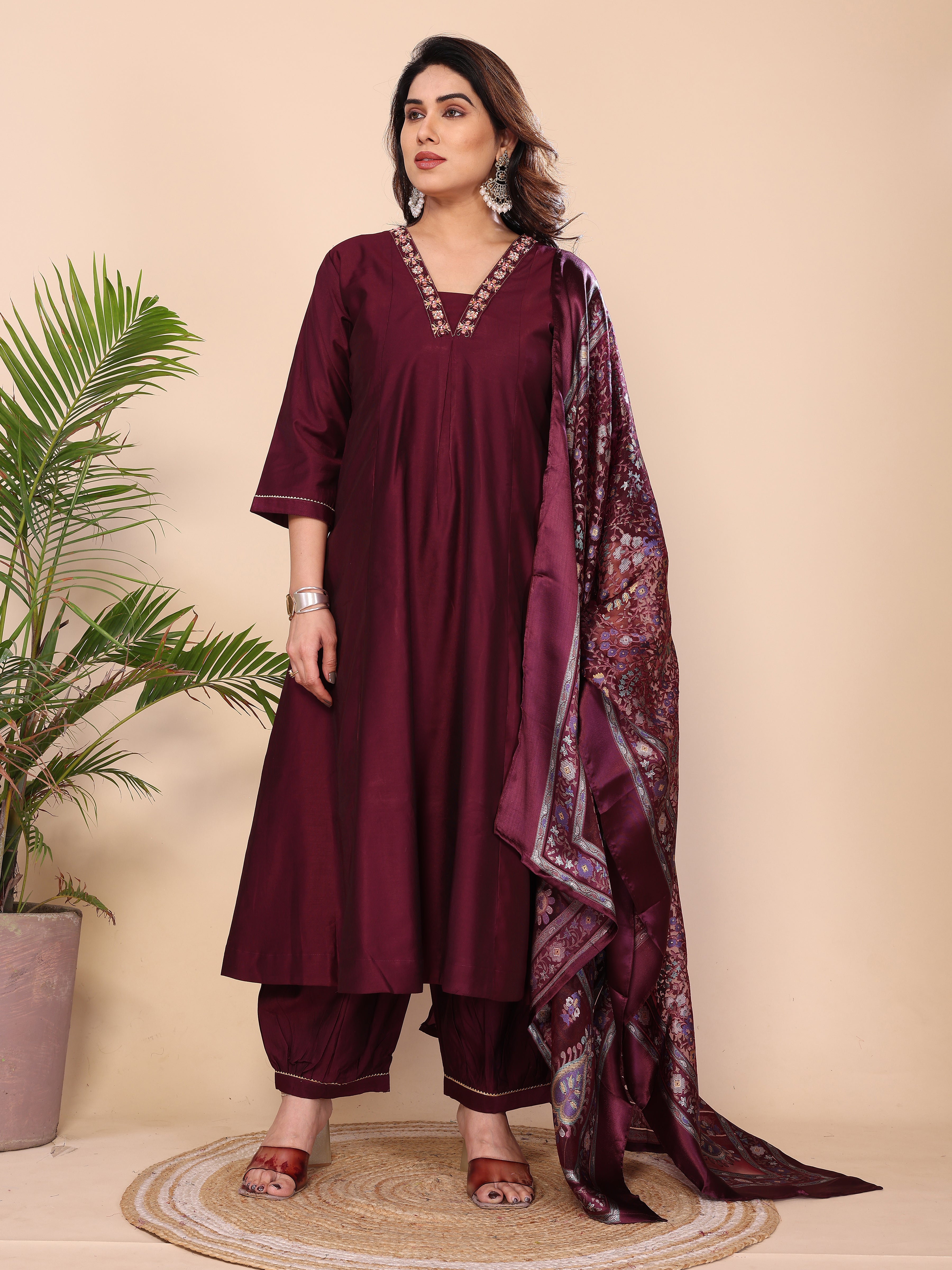 Floral Embroidered Notch Neck Zari Anarkali Kurta With Dhoti Pants & Dupatta