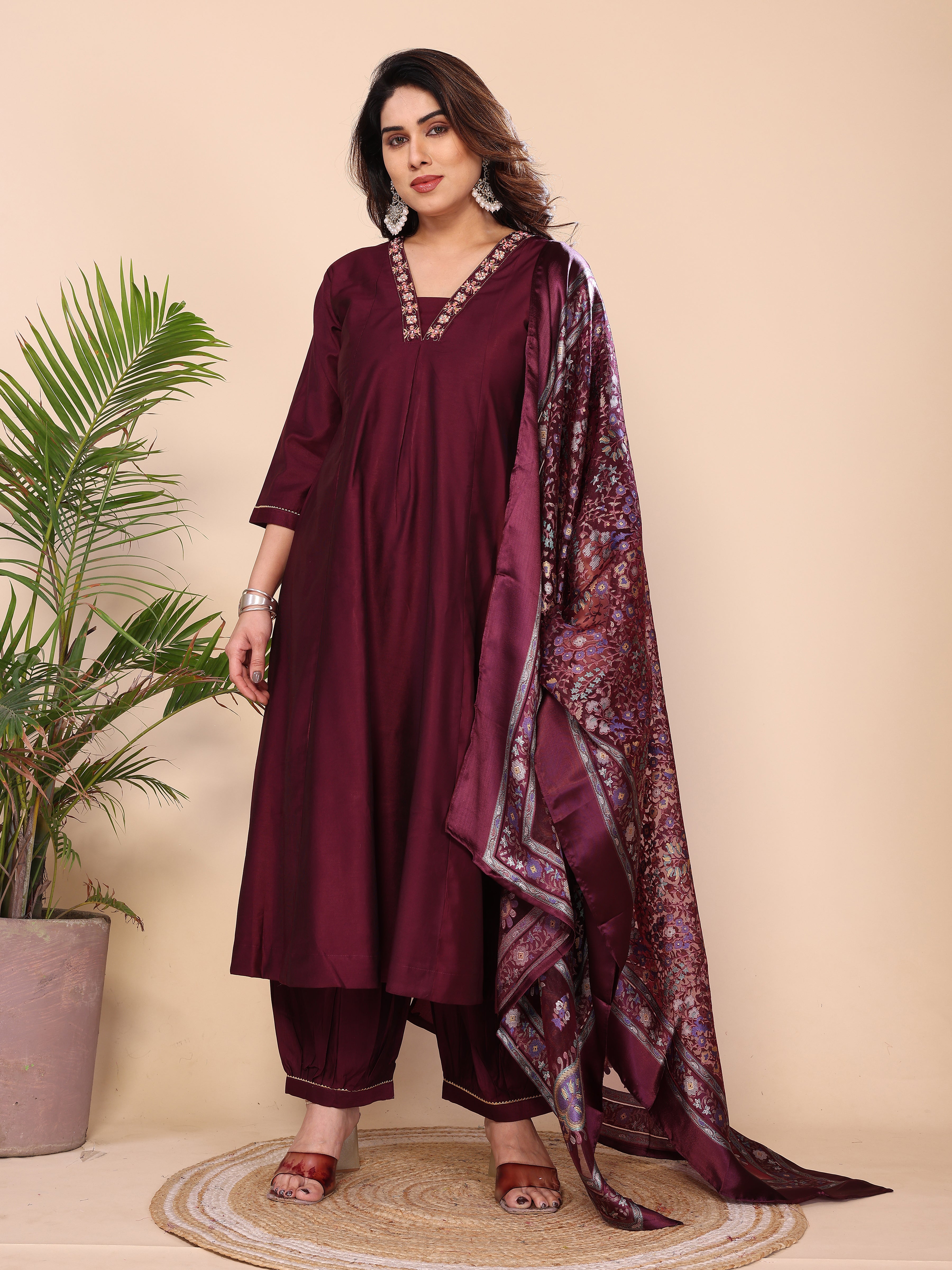 Floral Embroidered Notch Neck Zari Anarkali Kurta With Dhoti Pants & Dupatta