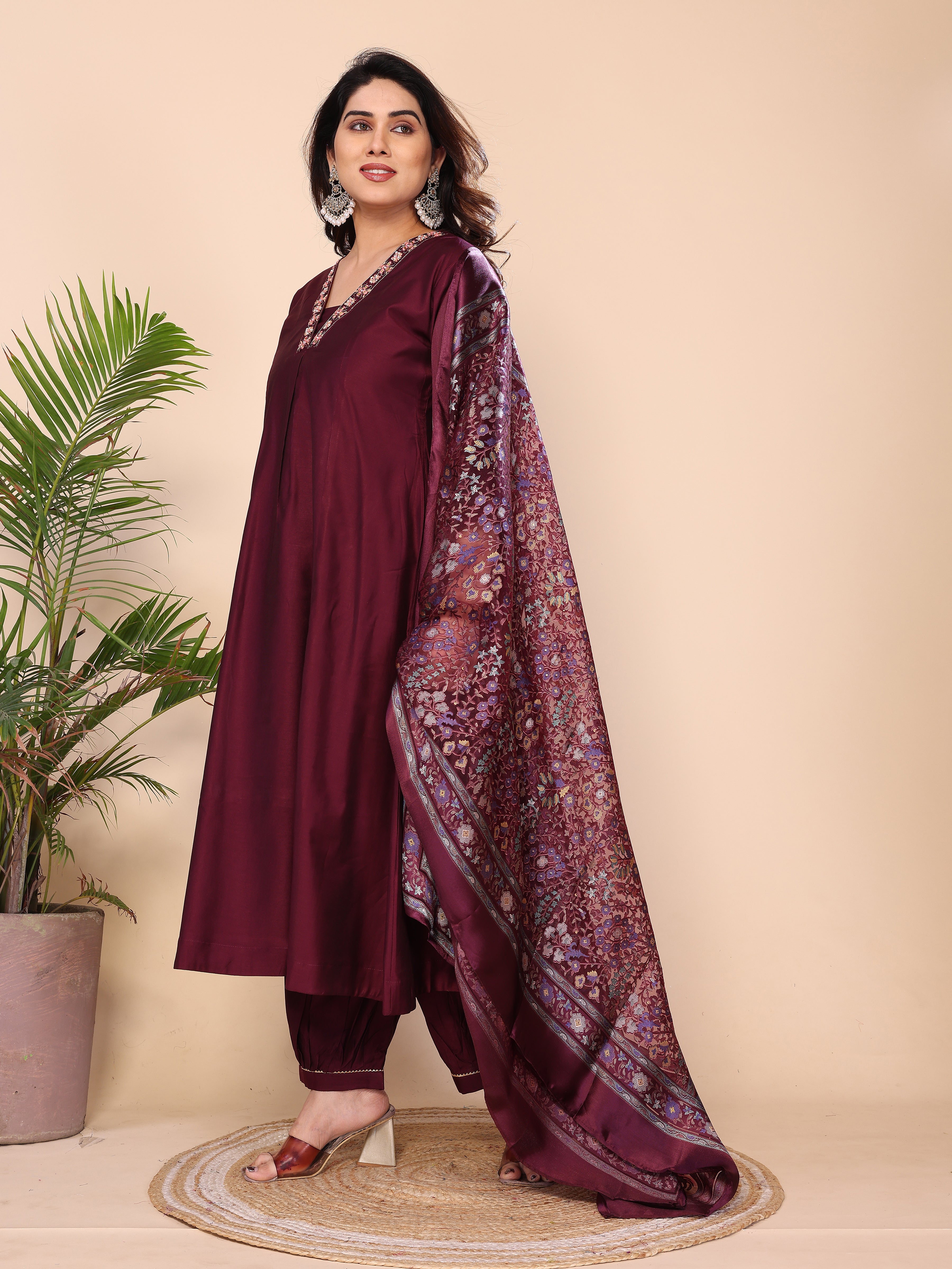 Floral Embroidered Notch Neck Zari Anarkali Kurta With Dhoti Pants & Dupatta