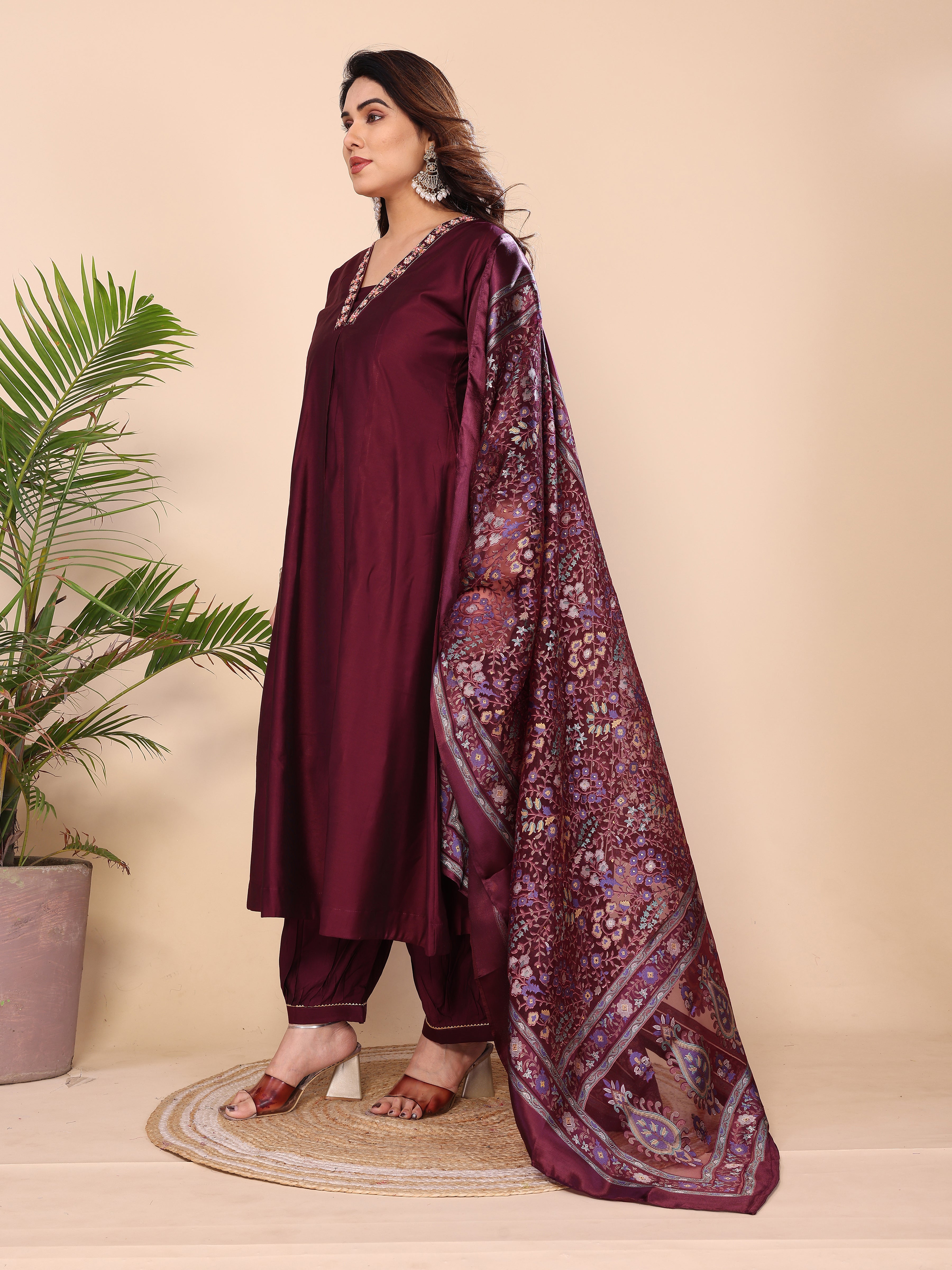 Floral Embroidered Notch Neck Zari Anarkali Kurta With Dhoti Pants & Dupatta