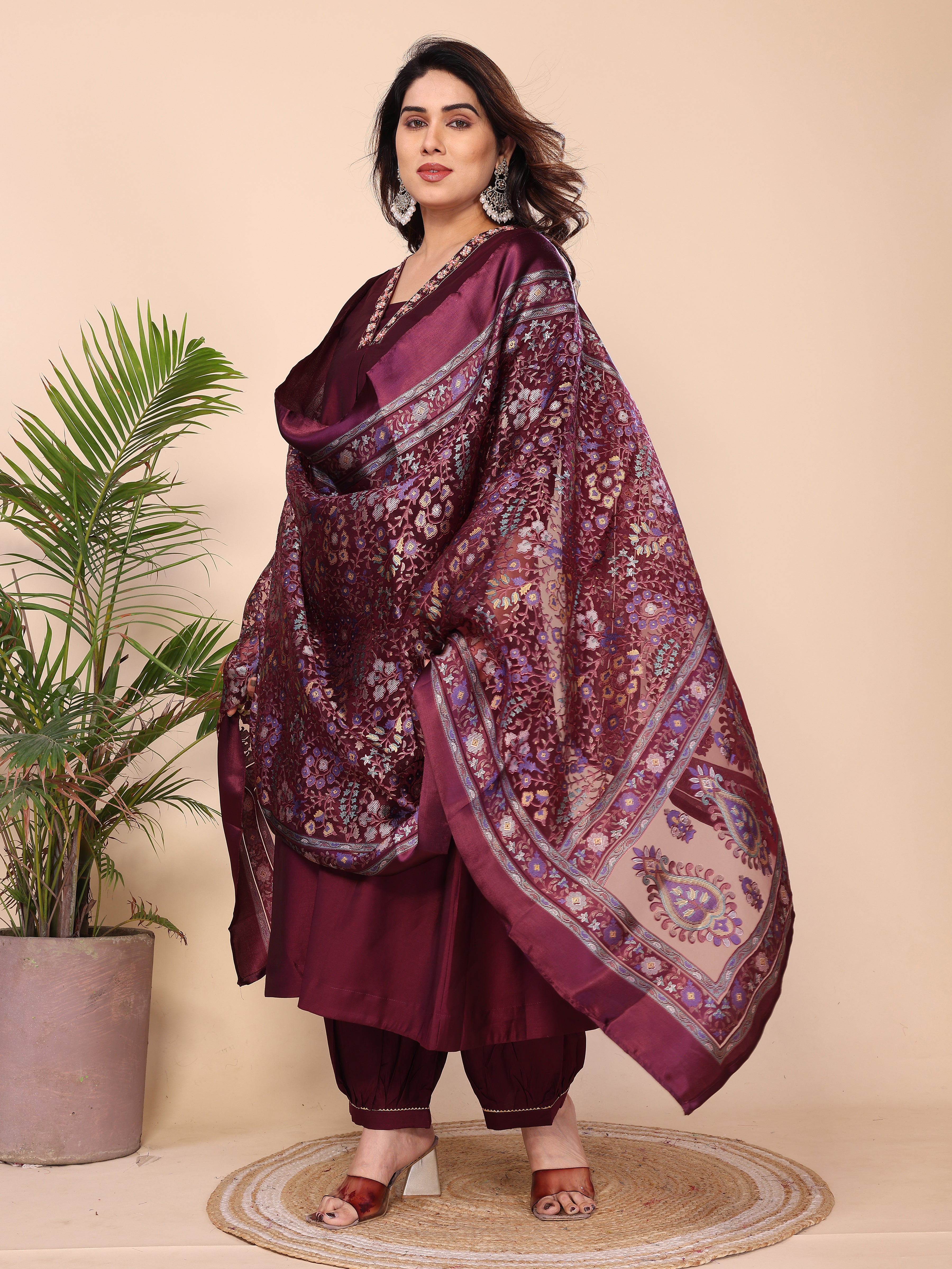 Floral Embroidered Notch Neck Zari Anarkali Kurta With Dhoti Pants & Dupatta