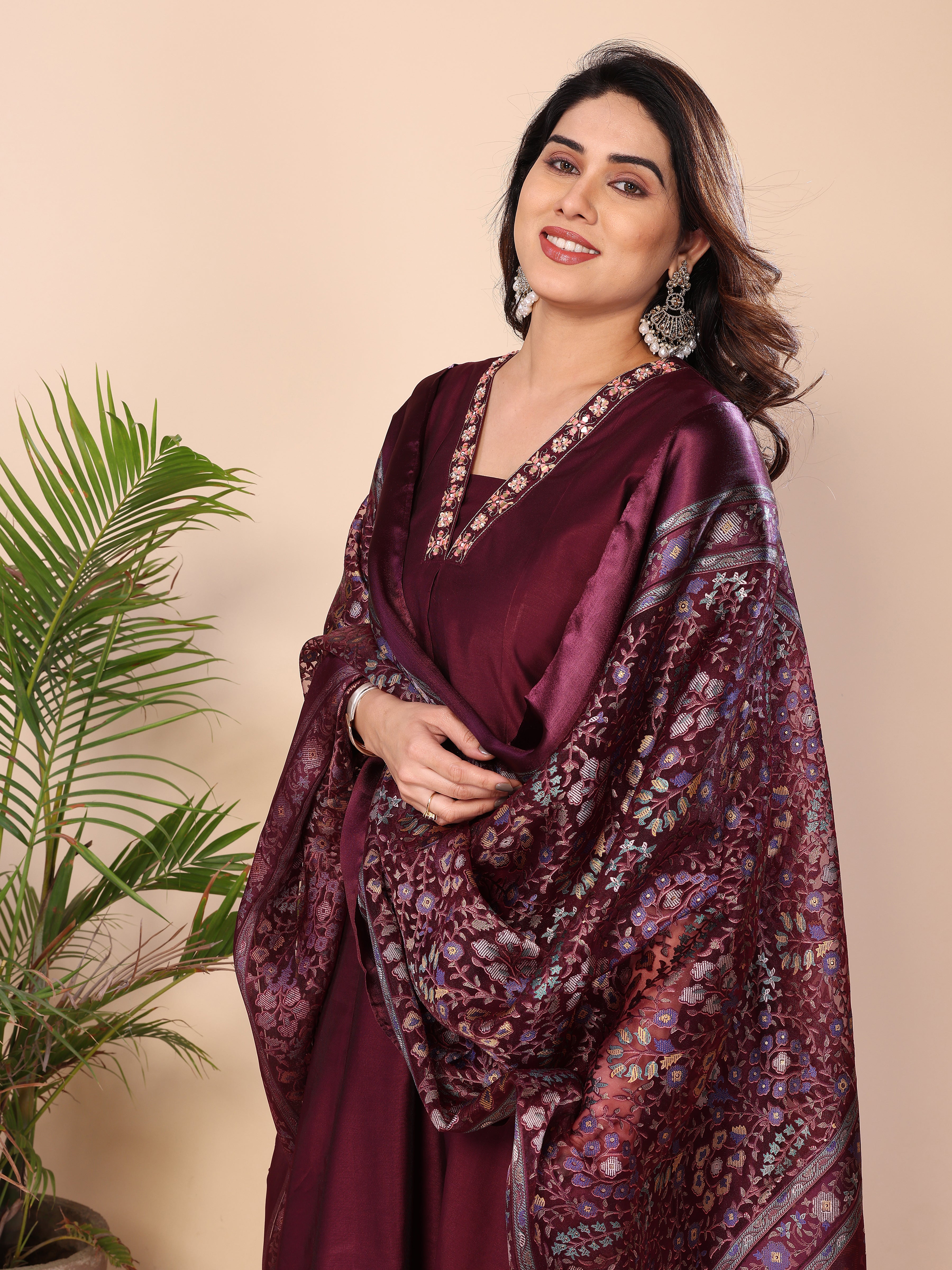 Floral Embroidered Notch Neck Zari Anarkali Kurta With Dhoti Pants & Dupatta