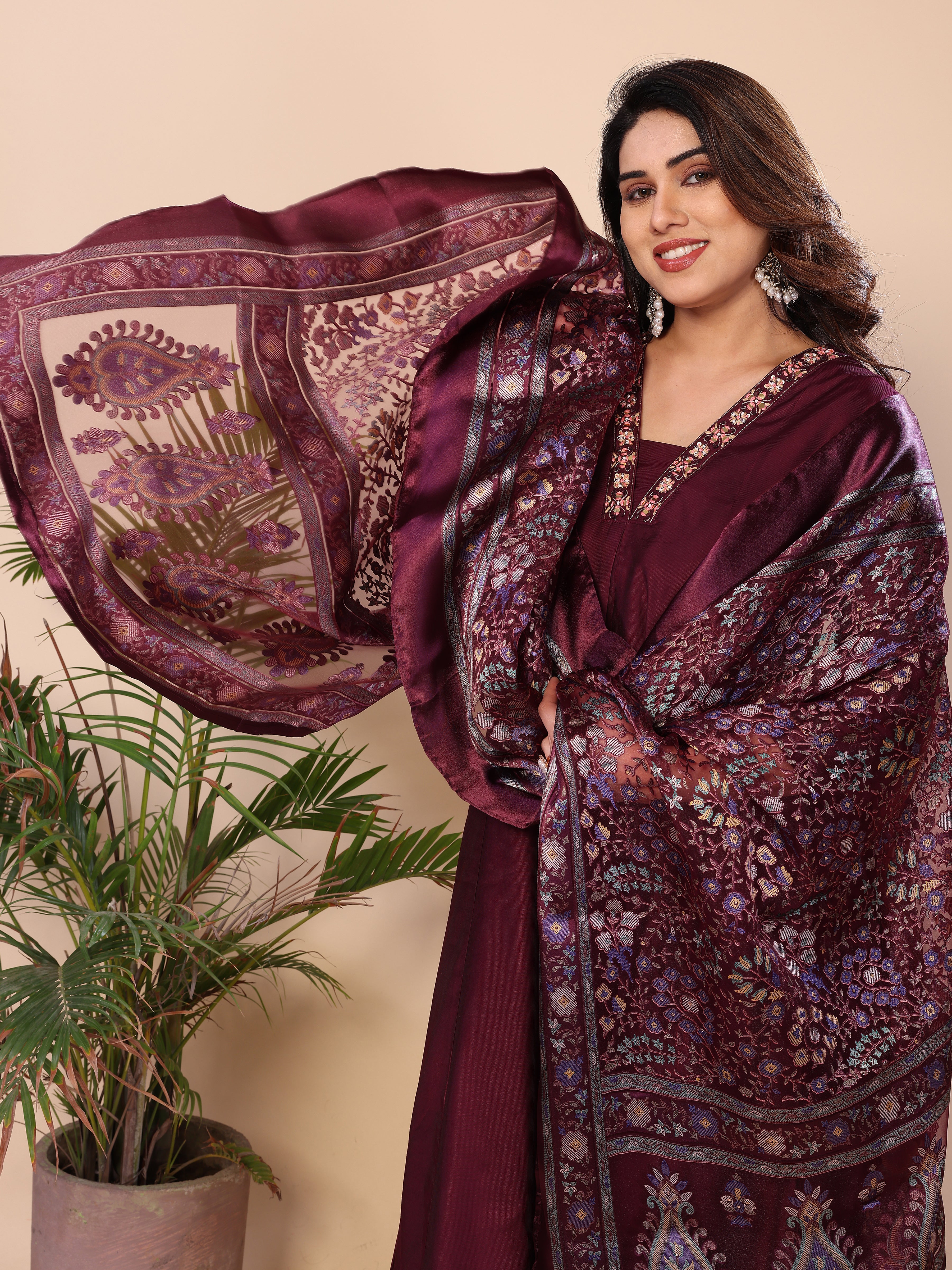 Floral Embroidered Notch Neck Zari Anarkali Kurta With Dhoti Pants & Dupatta