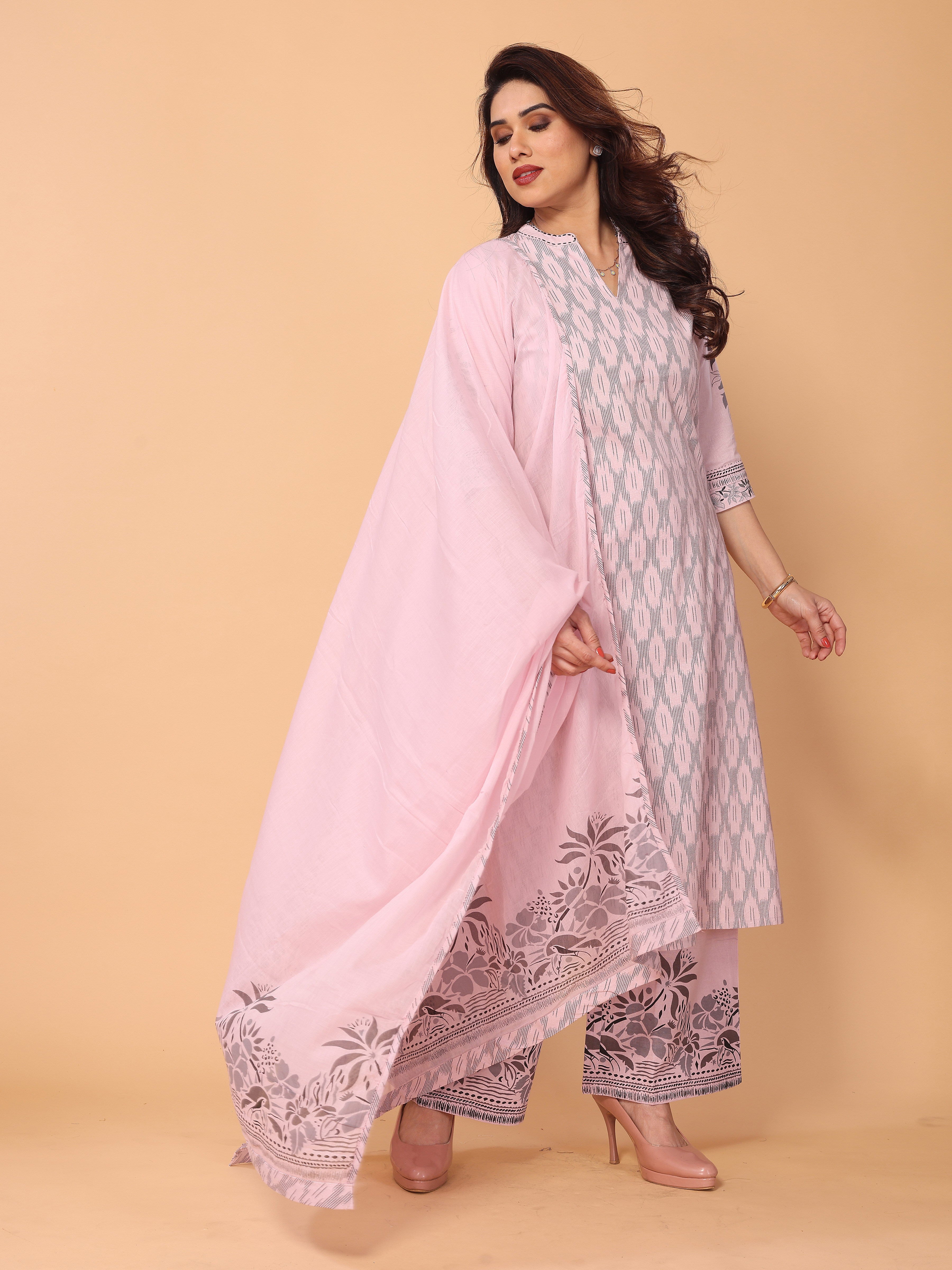 Sophisticated Pink Floral Print Cotton Kurta Palazzo Set for Women