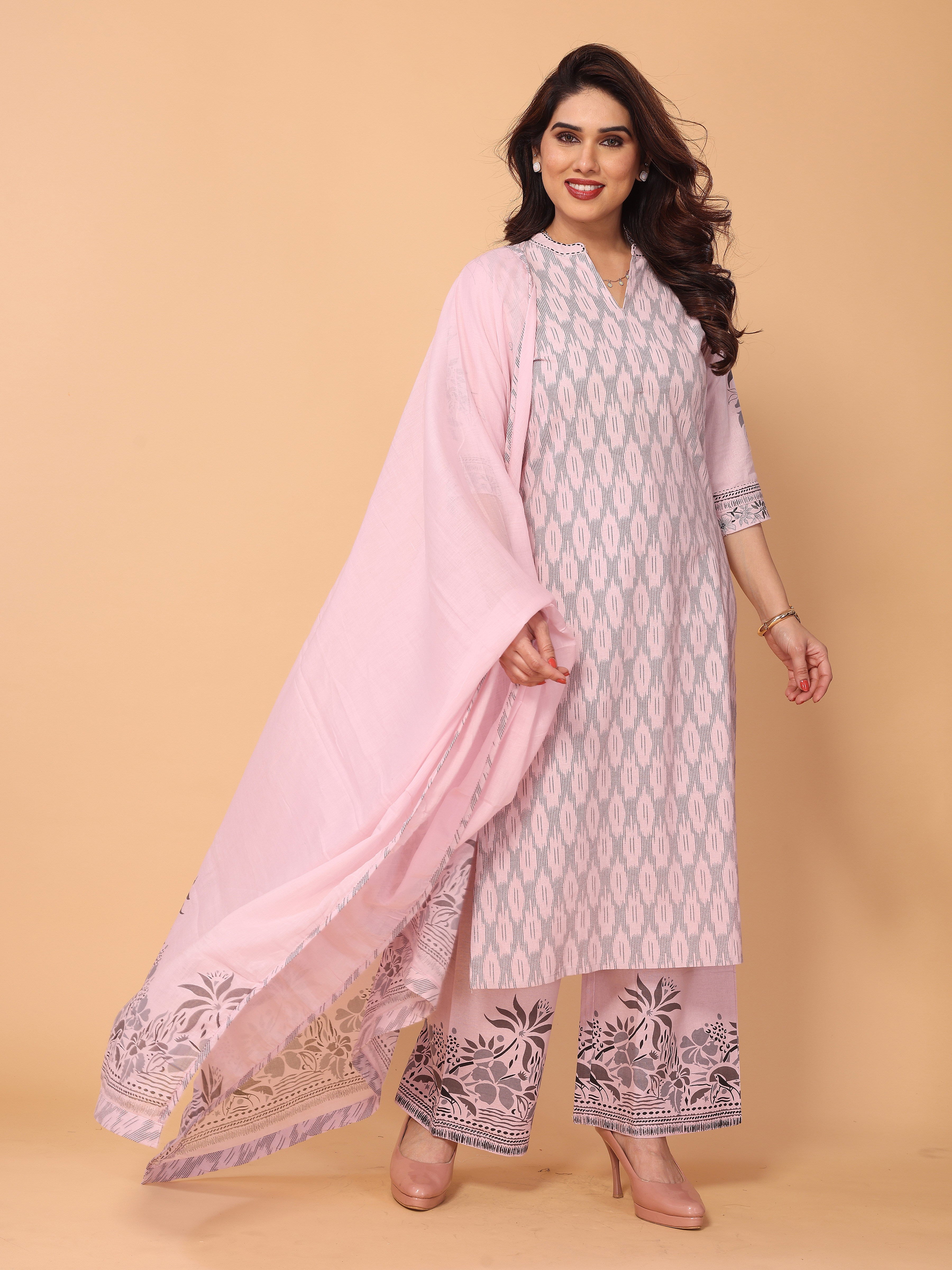 Sophisticated Pink Floral Print Cotton Kurta Palazzo Set for Women
