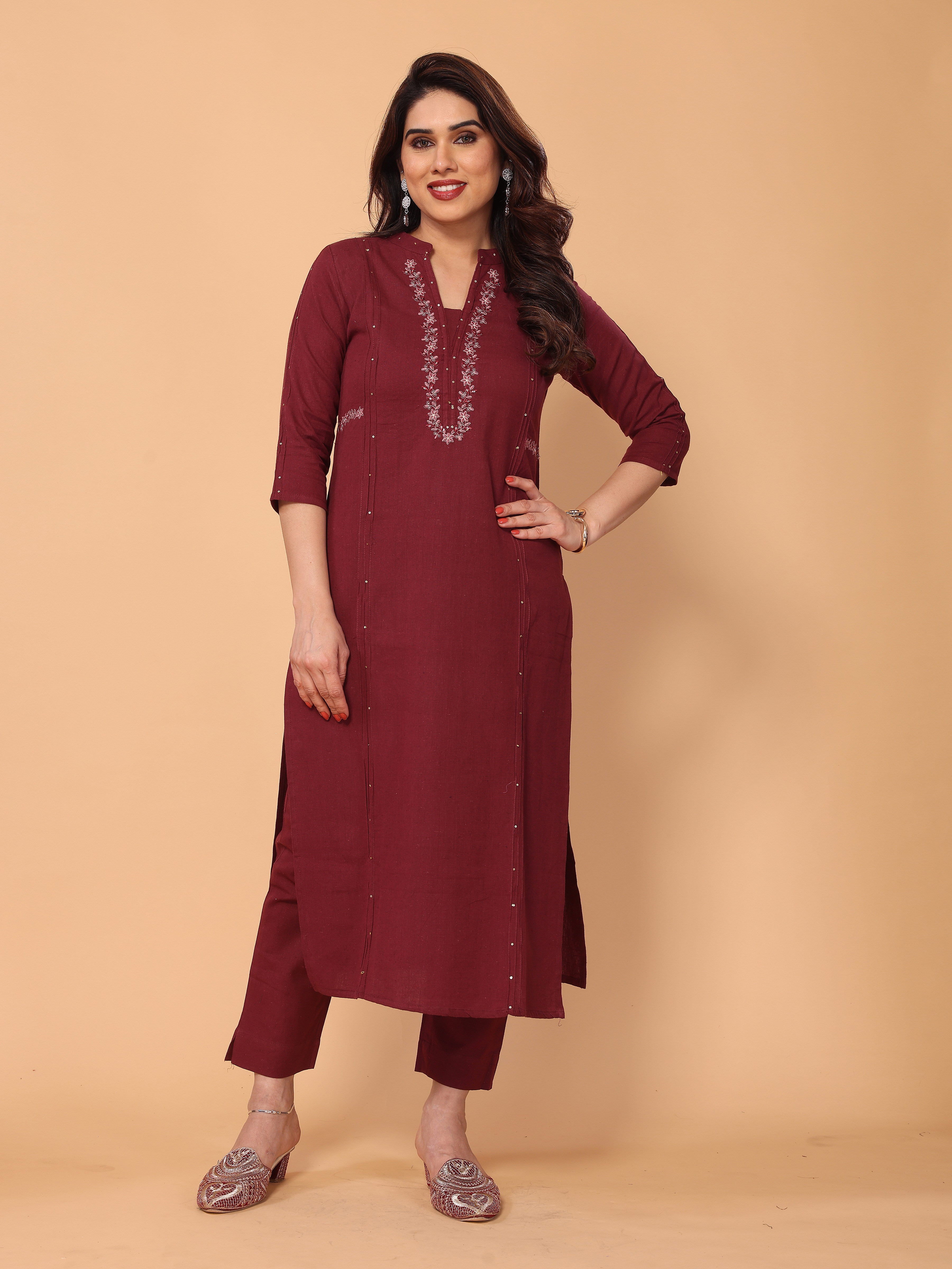 Embroidered Maroon Kurta Pant Set in Cotton