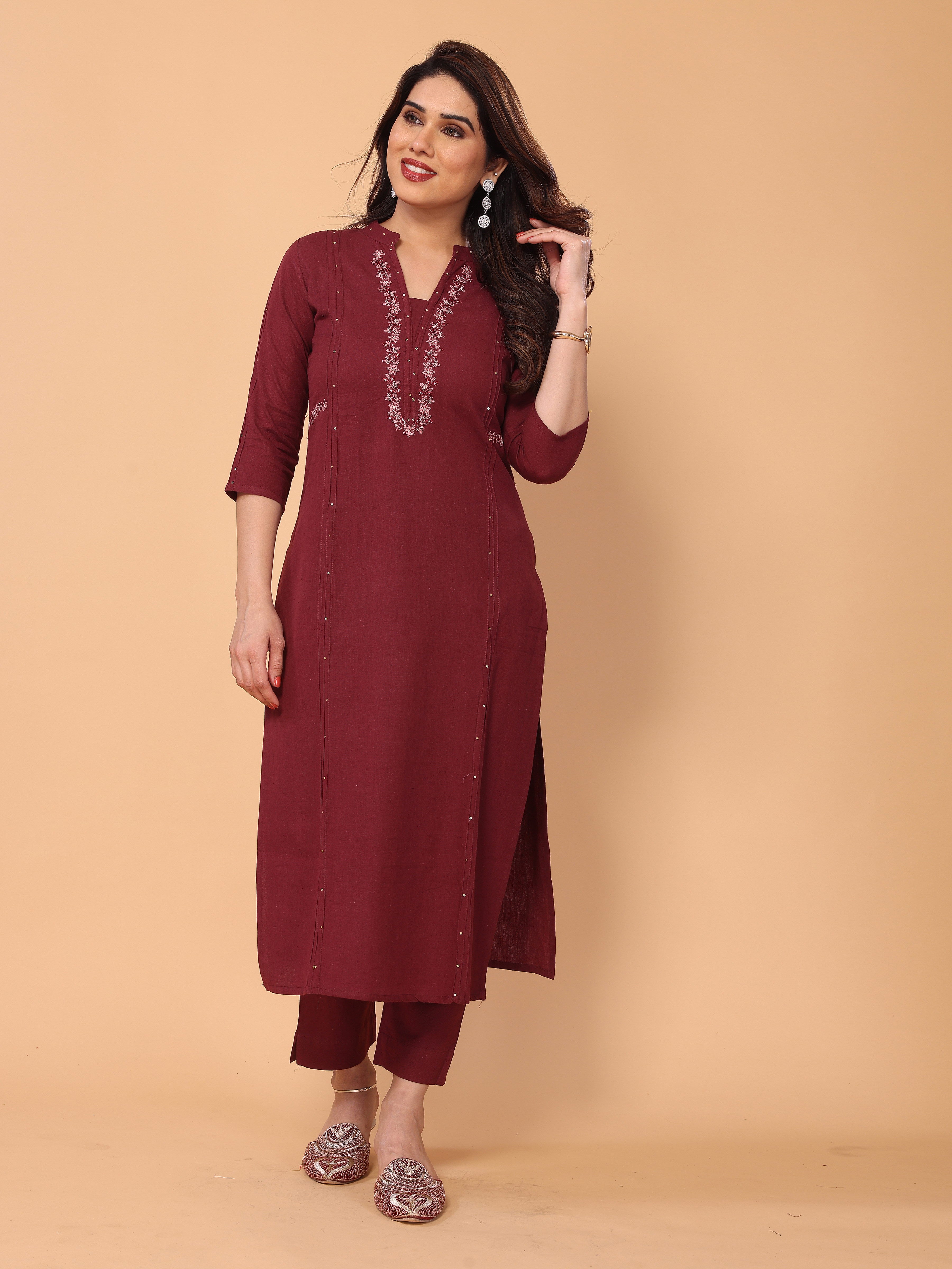 Embroidered Maroon Kurta Pant Set in Cotton