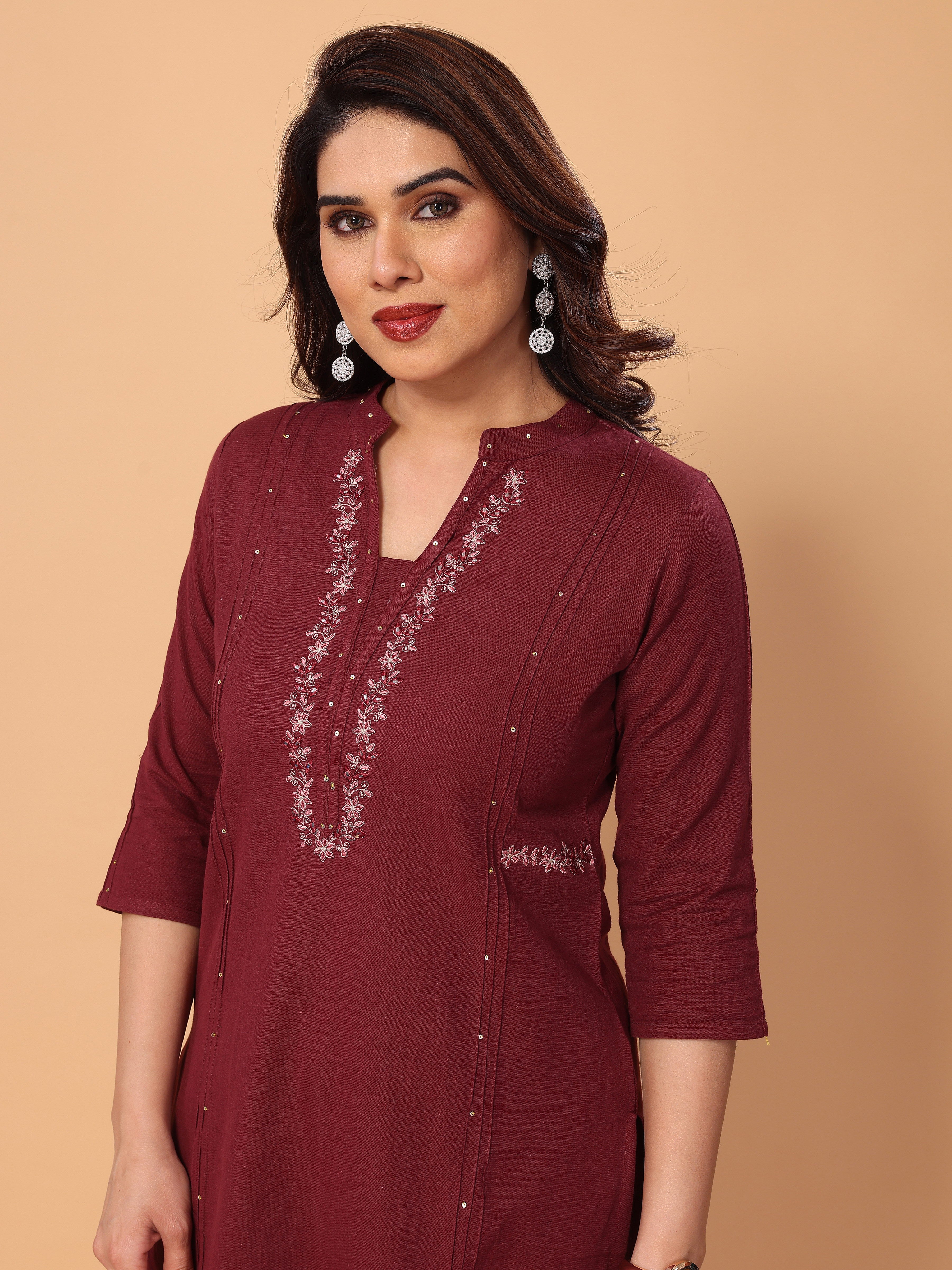 Embroidered Maroon Kurta Pant Set in Cotton
