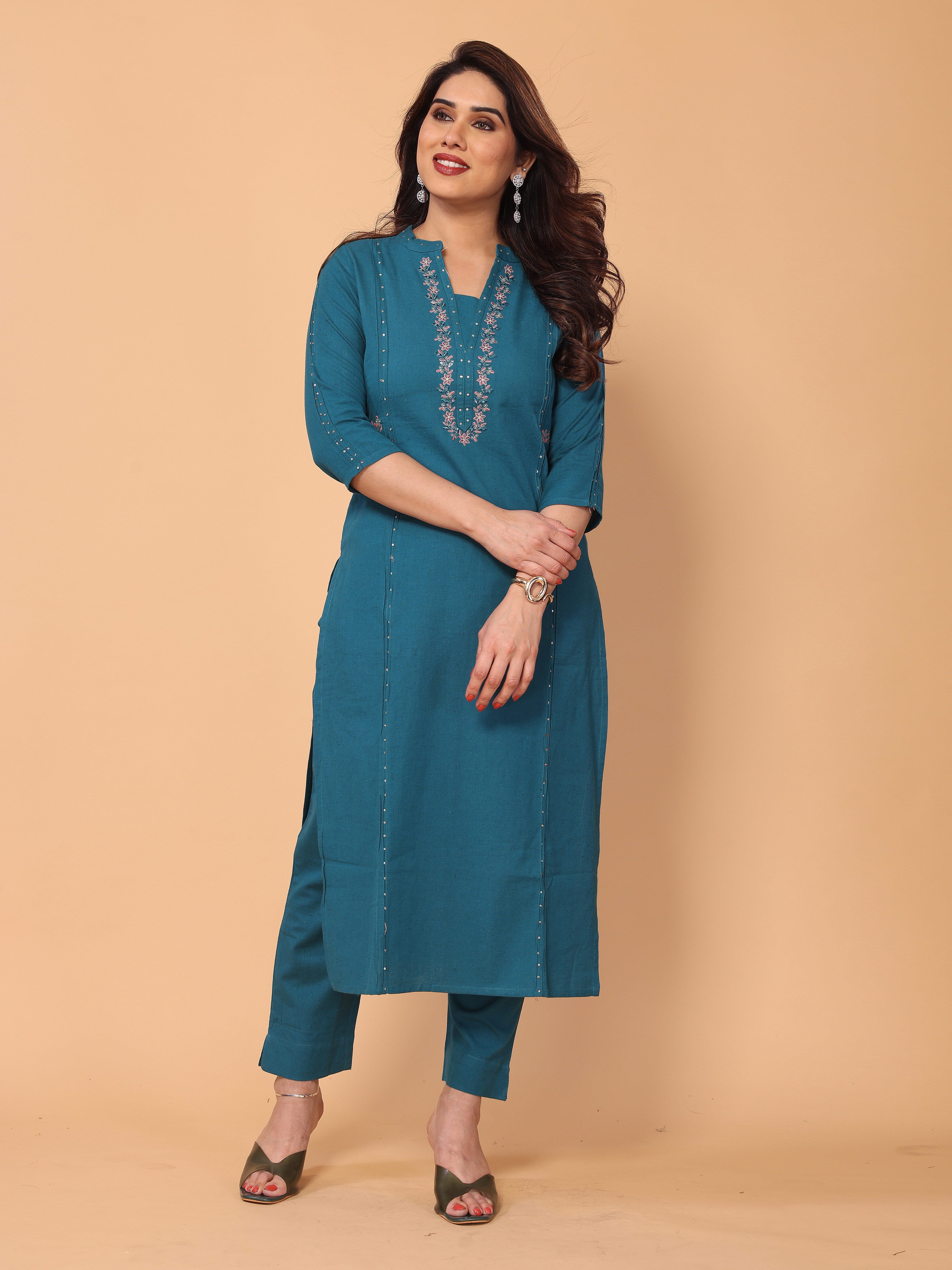 Embroidered Cyan Blue Kurta Pant Set in Cotton