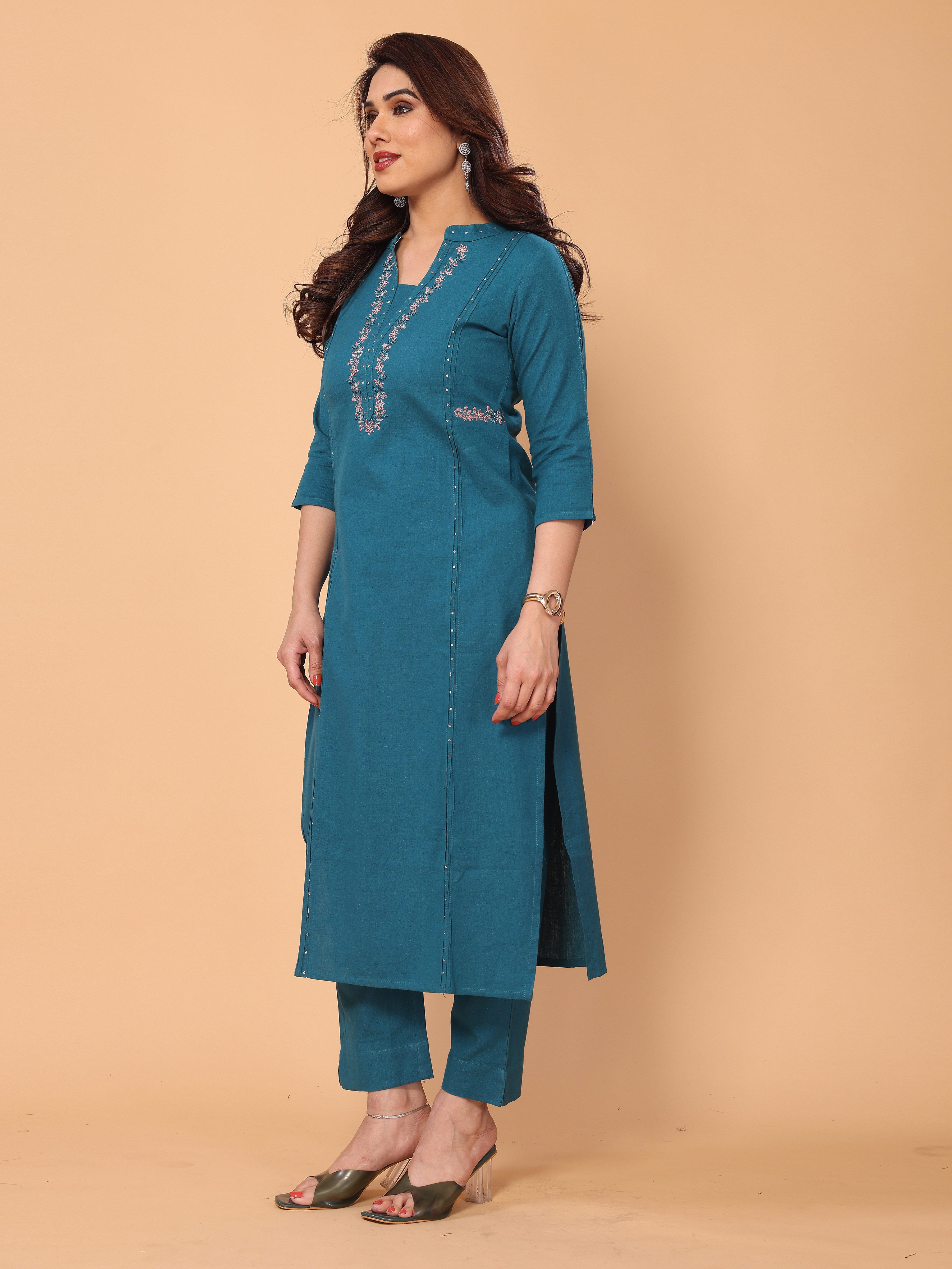 Embroidered Cyan Blue Kurta Pant Set in Cotton