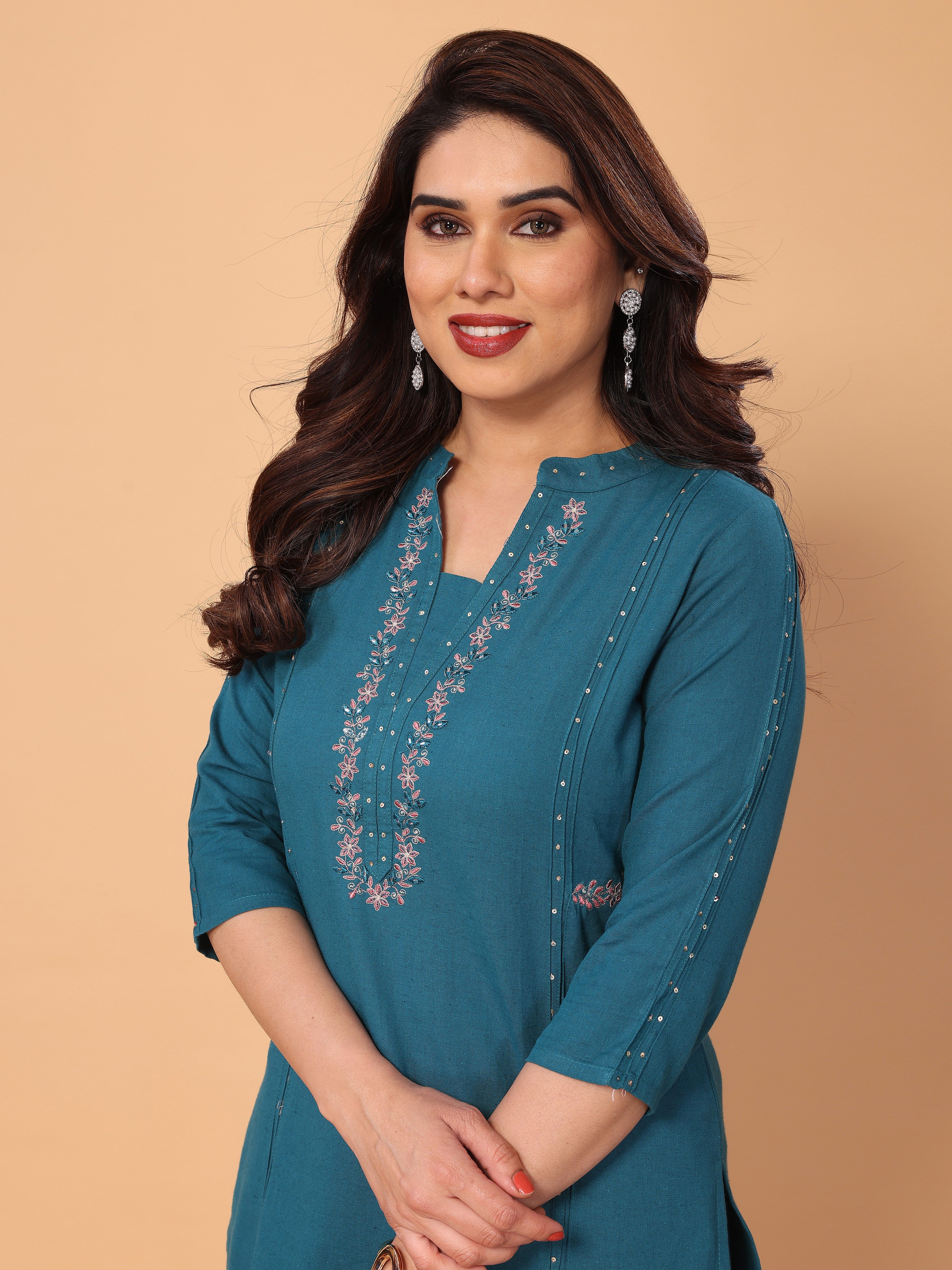 Embroidered Cyan Blue Kurta Pant Set in Cotton