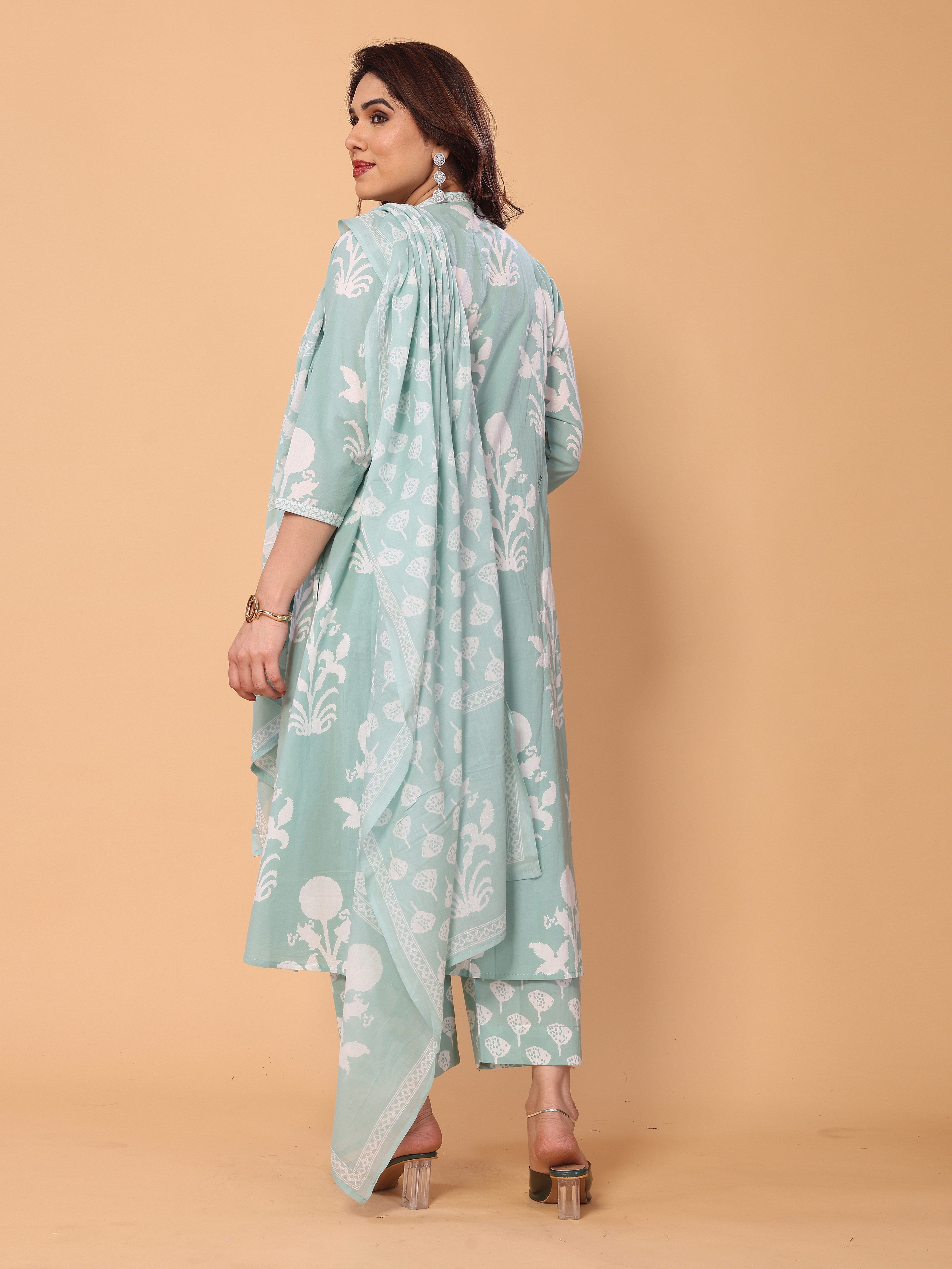 Fresh & Floral: Light Cyan Green Kurta Pant Set