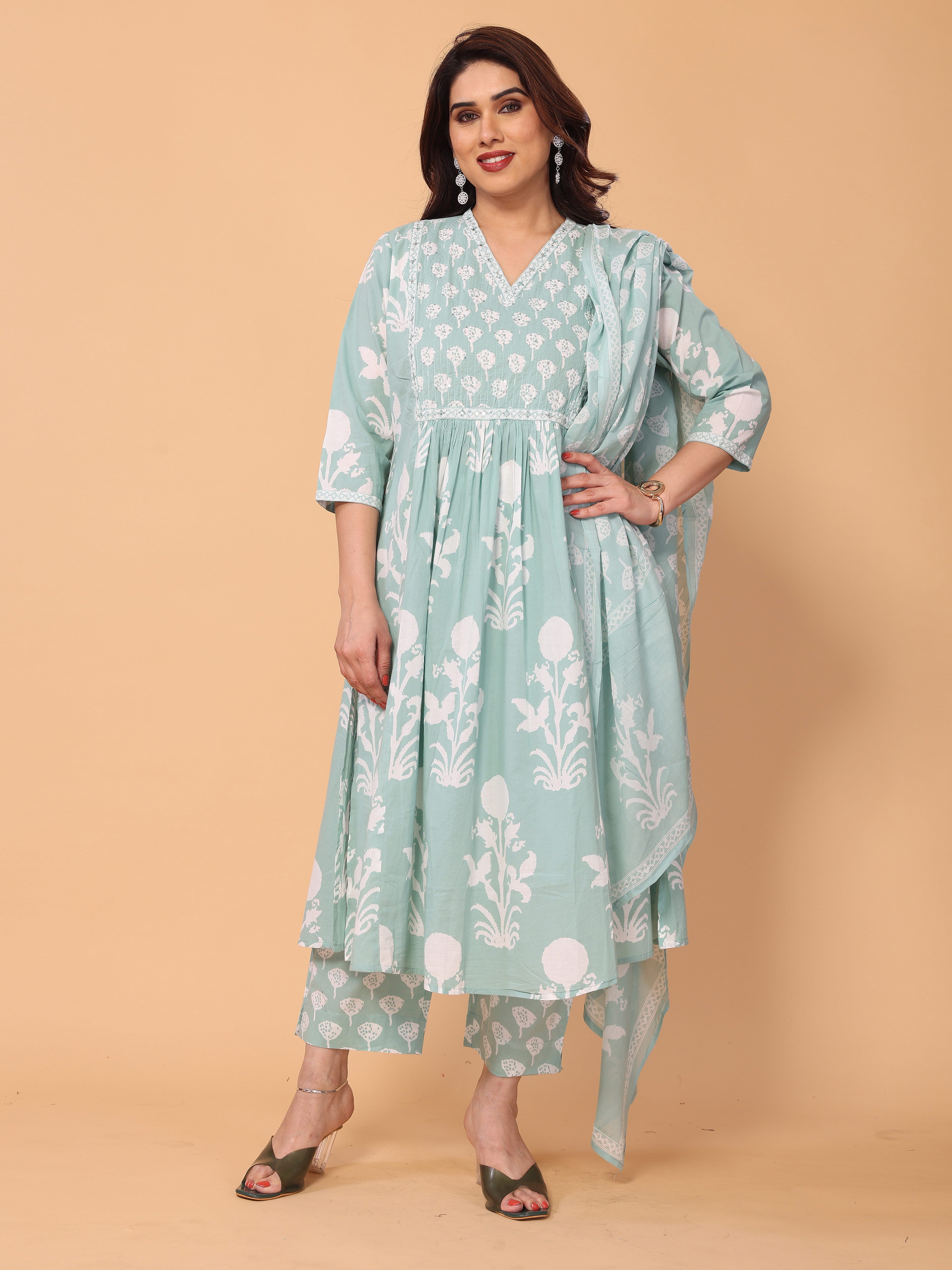Fresh & Floral: Light Cyan Green Kurta Pant Set