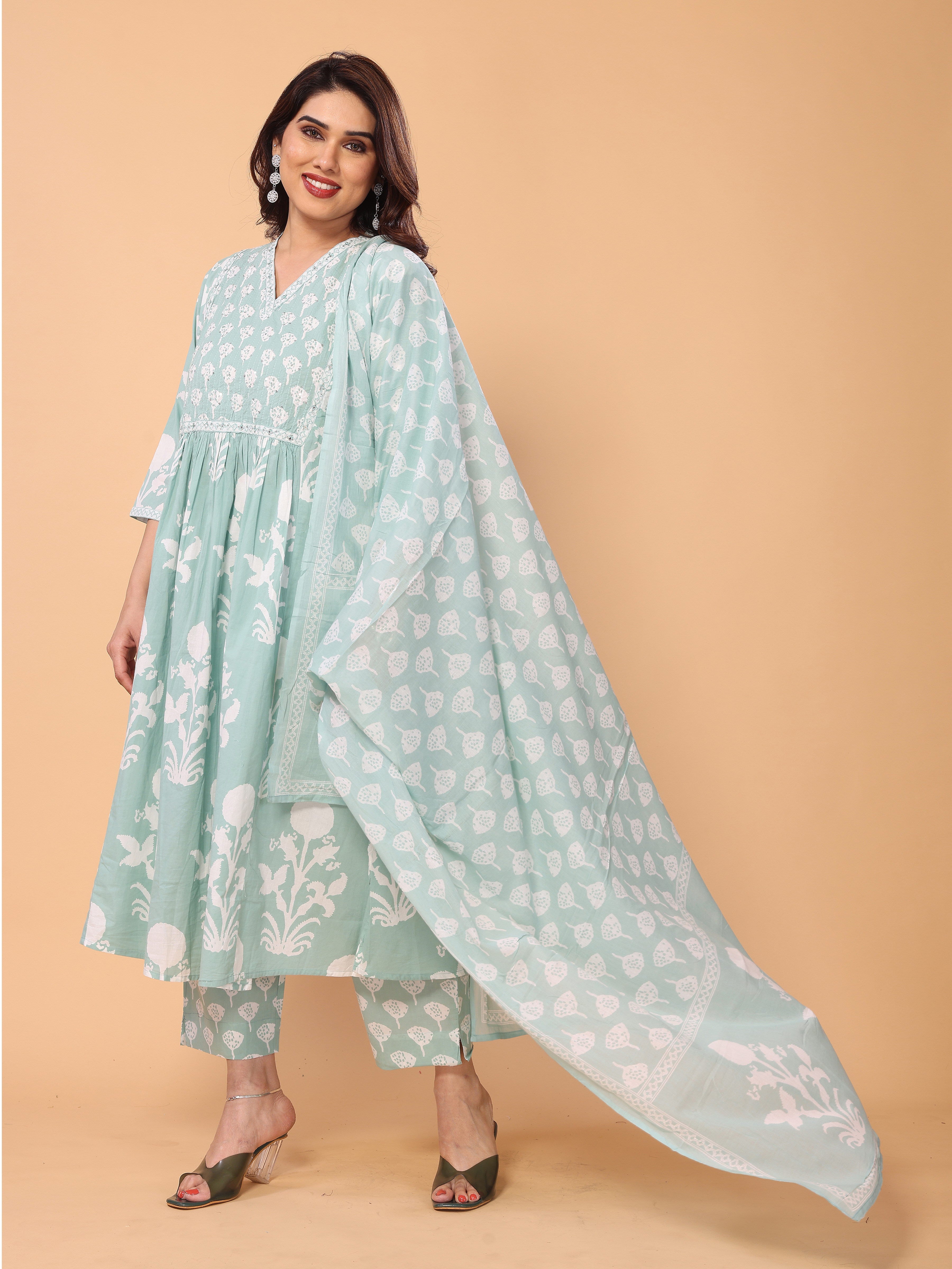 Fresh & Floral: Light Cyan Green Kurta Pant Set