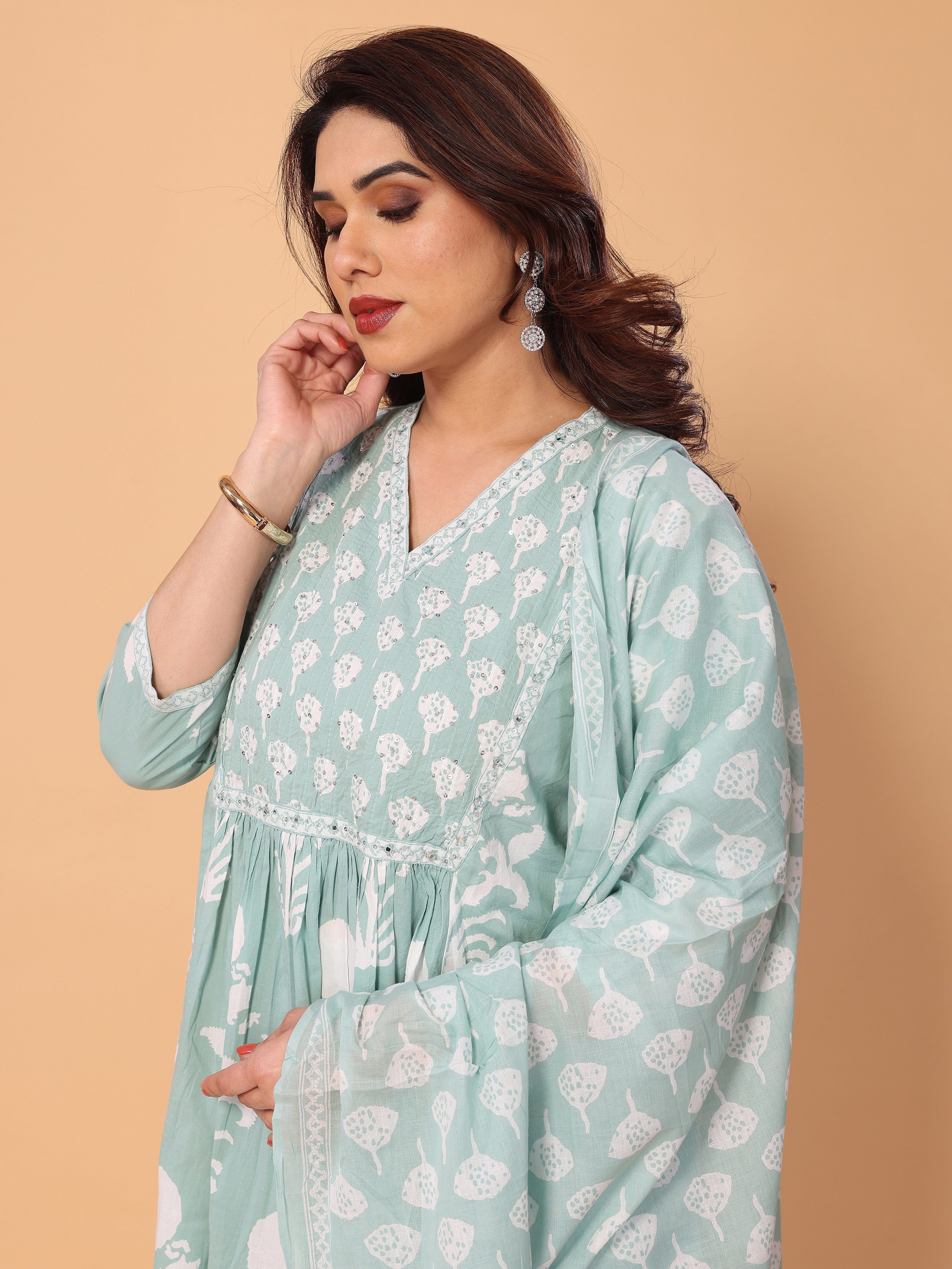 Fresh & Floral: Light Cyan Green Kurta Pant Set