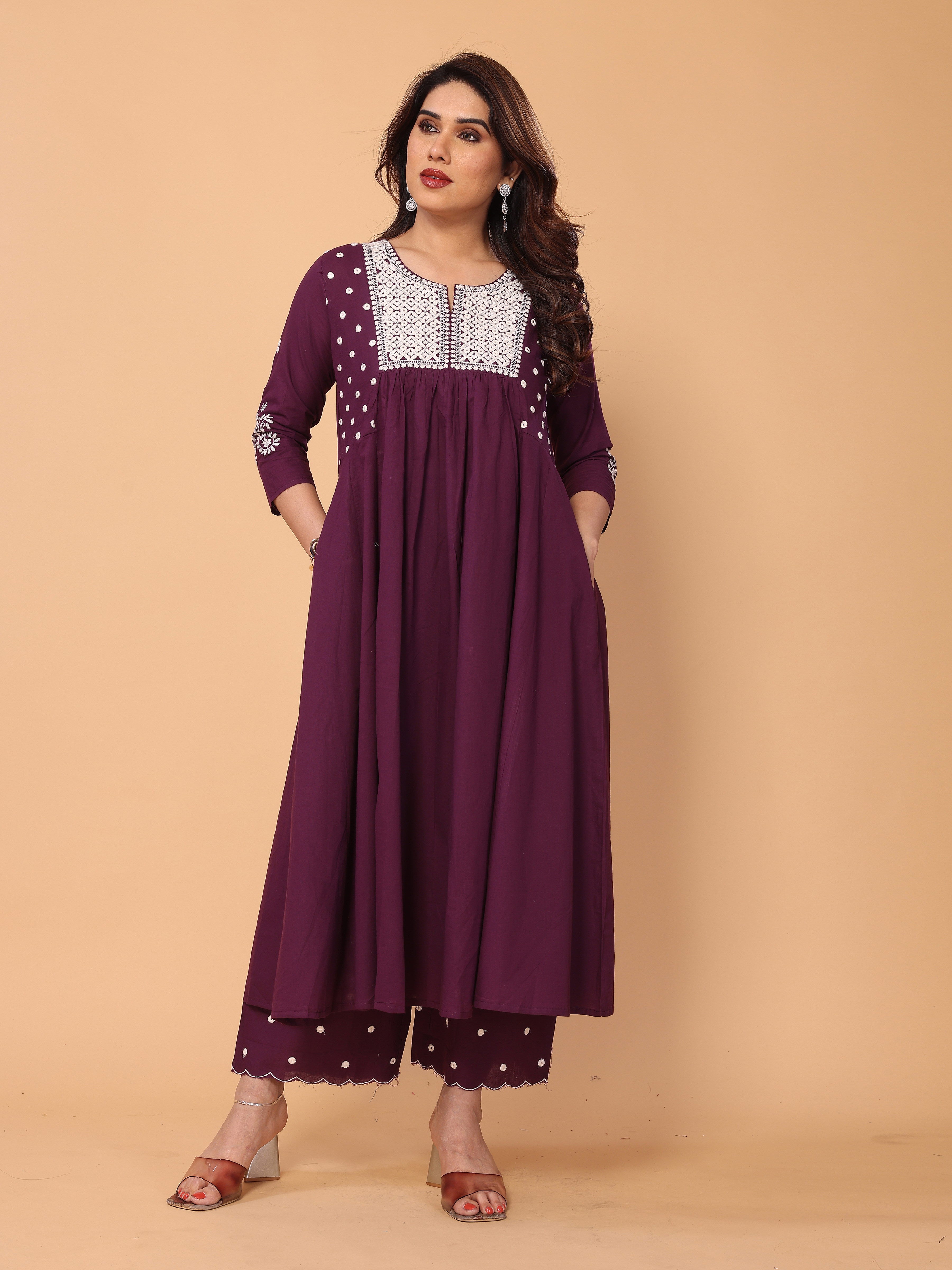 Wine Berry Flared A-Line Mirror Embellished Kurta Palazzo Set