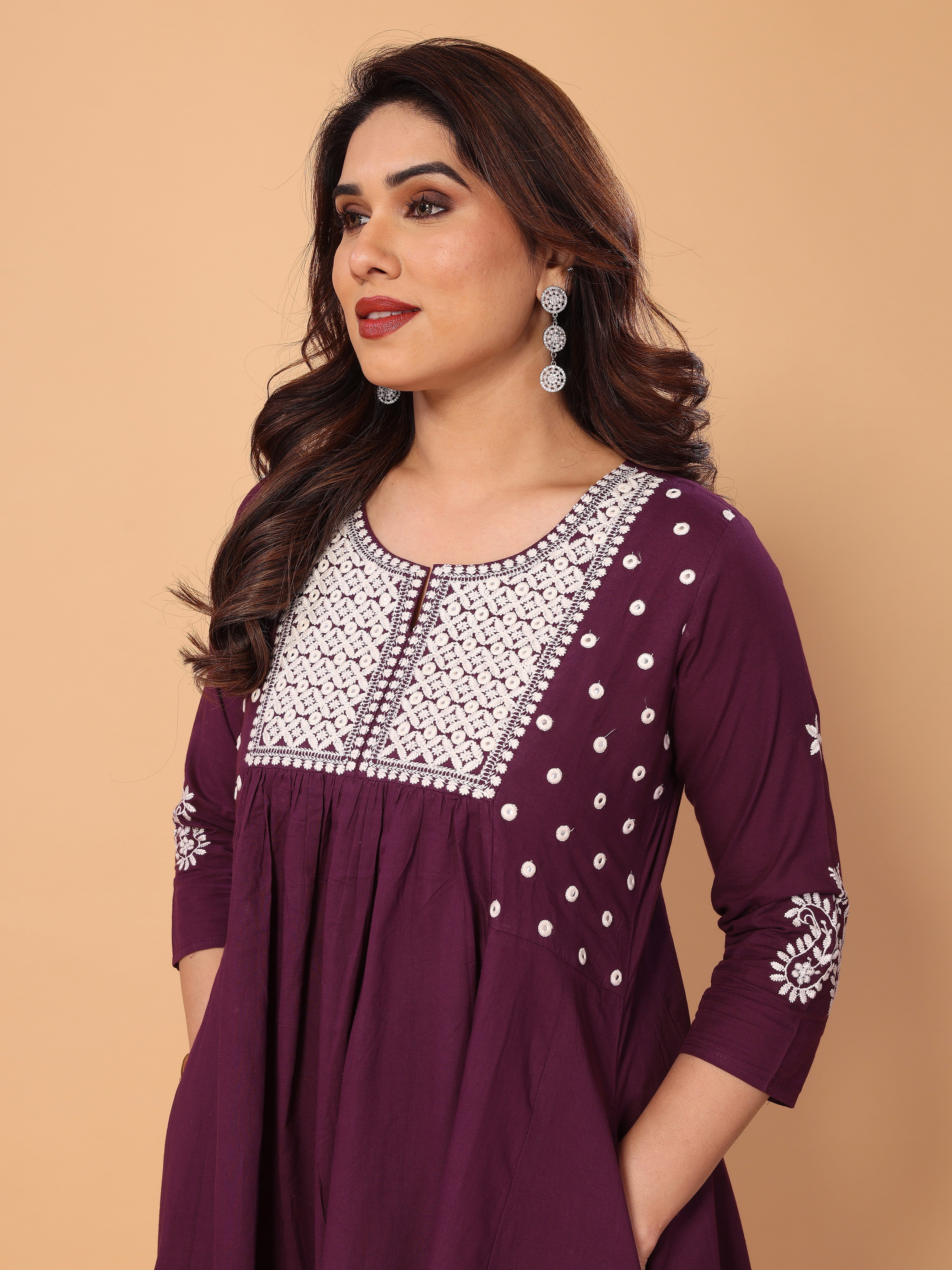 Wine Berry Flared A-Line Mirror Embellished Kurta Palazzo Set